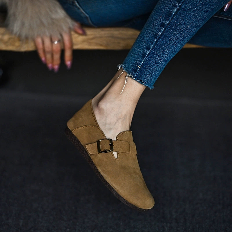 Tan Buckle Leather Slip Loafers