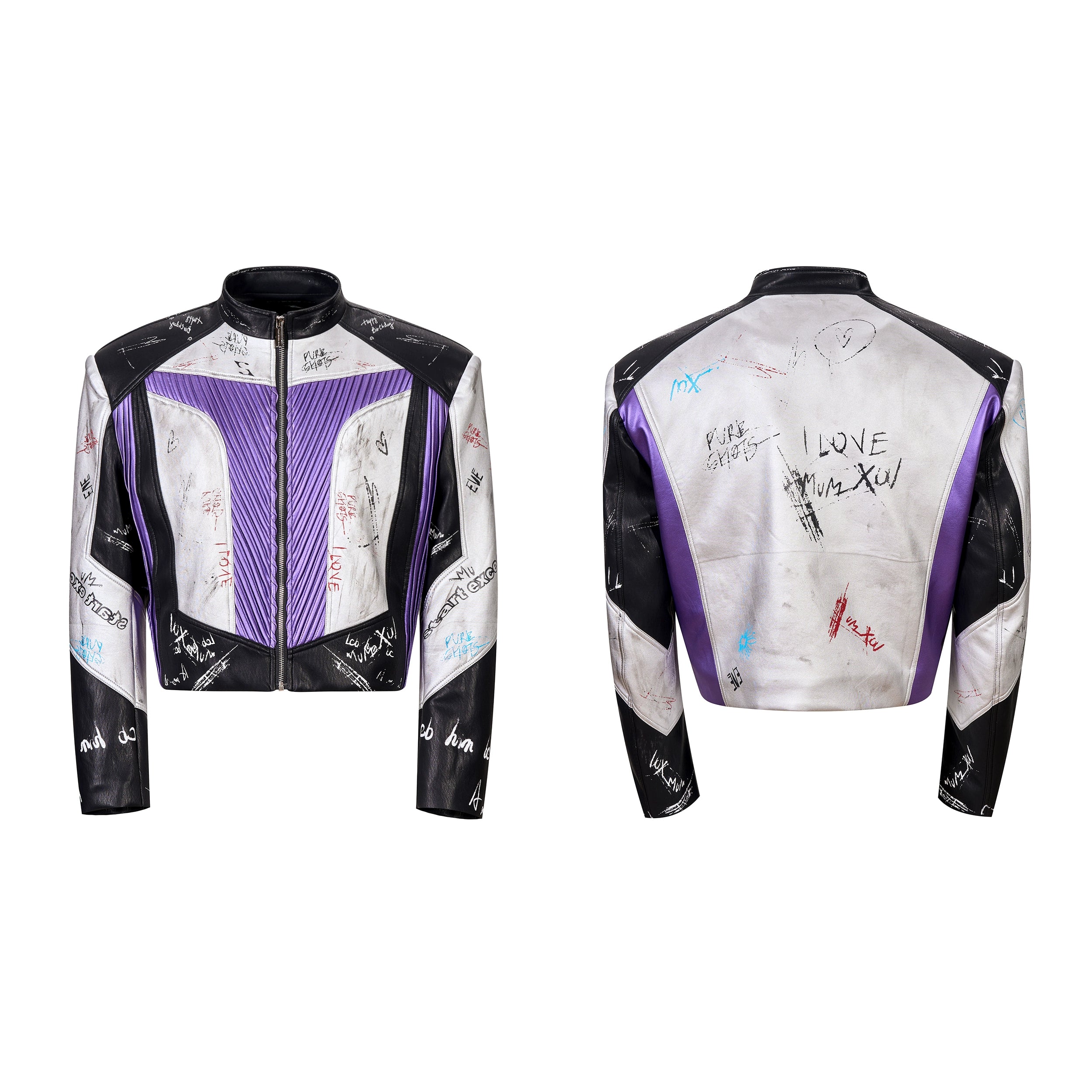 Colorblock Graffiti Print Moto Leather Jacket