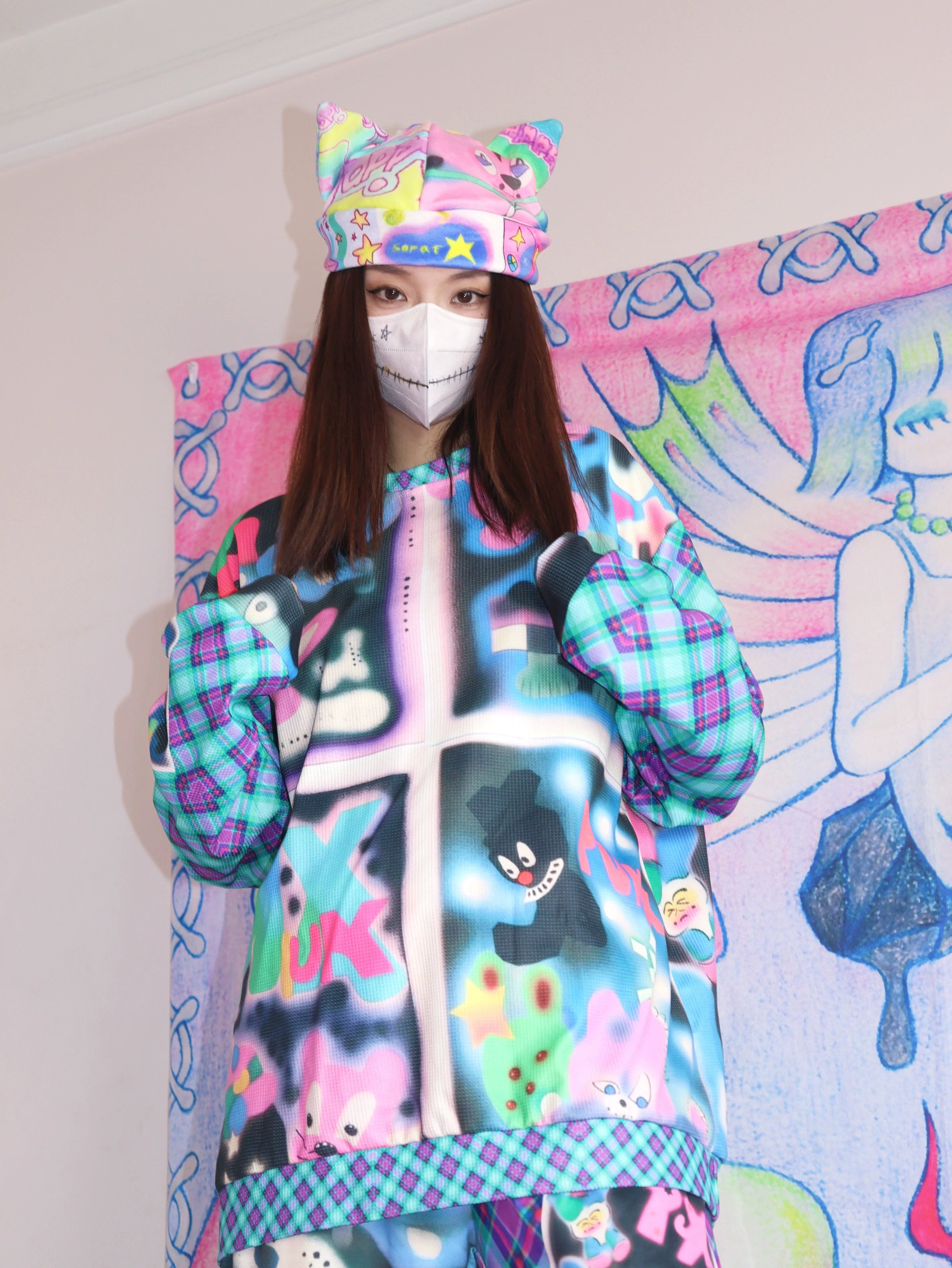 Kawaii Plaid Print Oversized Sweater