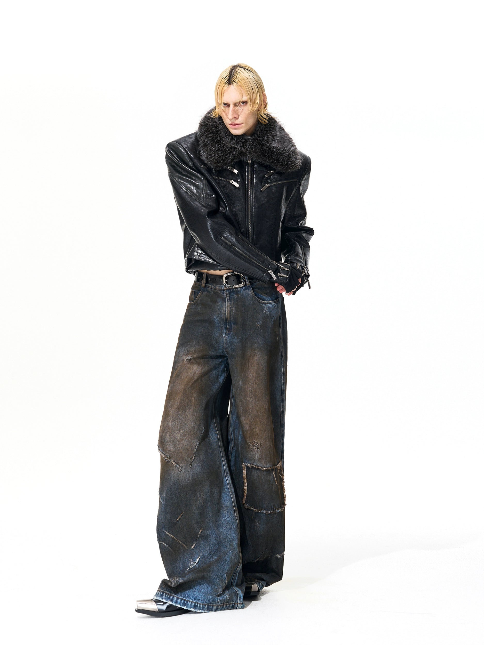 Black Faux Fur Collar Fish Scale Leather Jacket