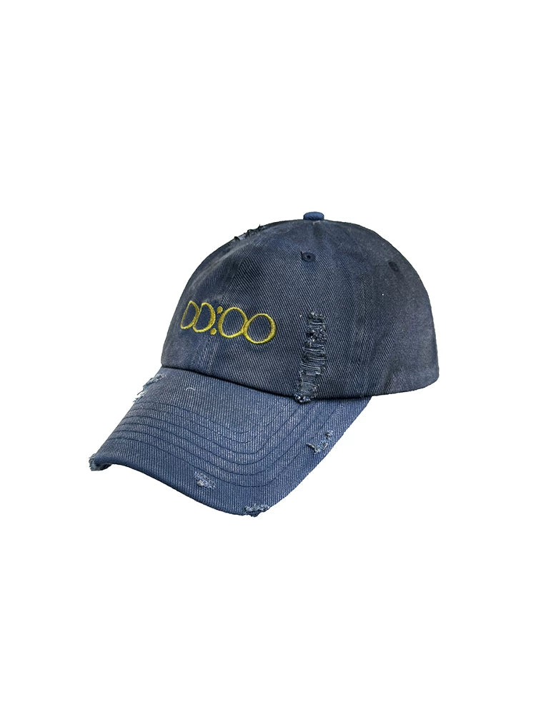 Distressed Denim Cap with Yellow Circle Embroidery
