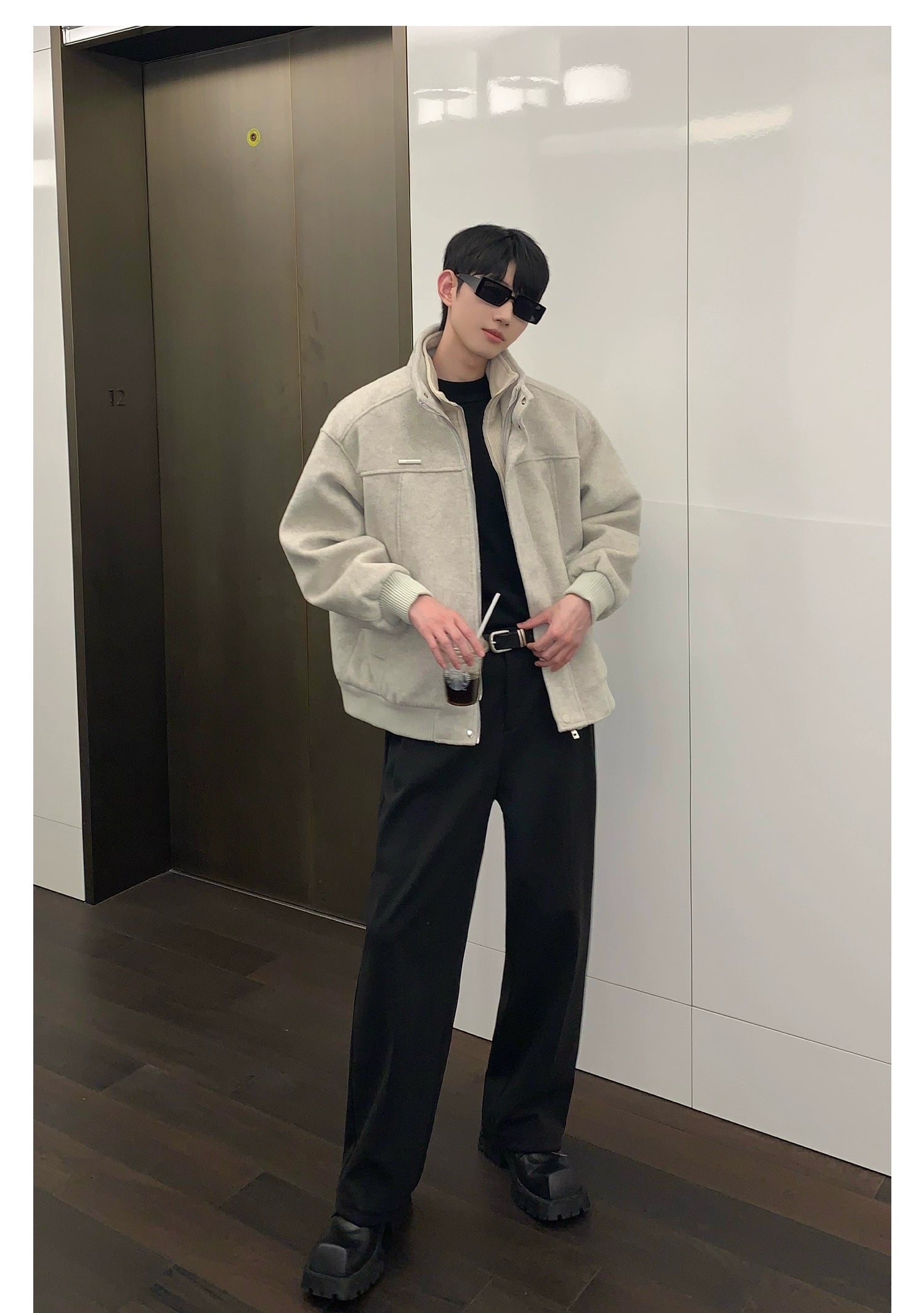 Bomber Jacket with Stand Collar and Ribbed Cuffs