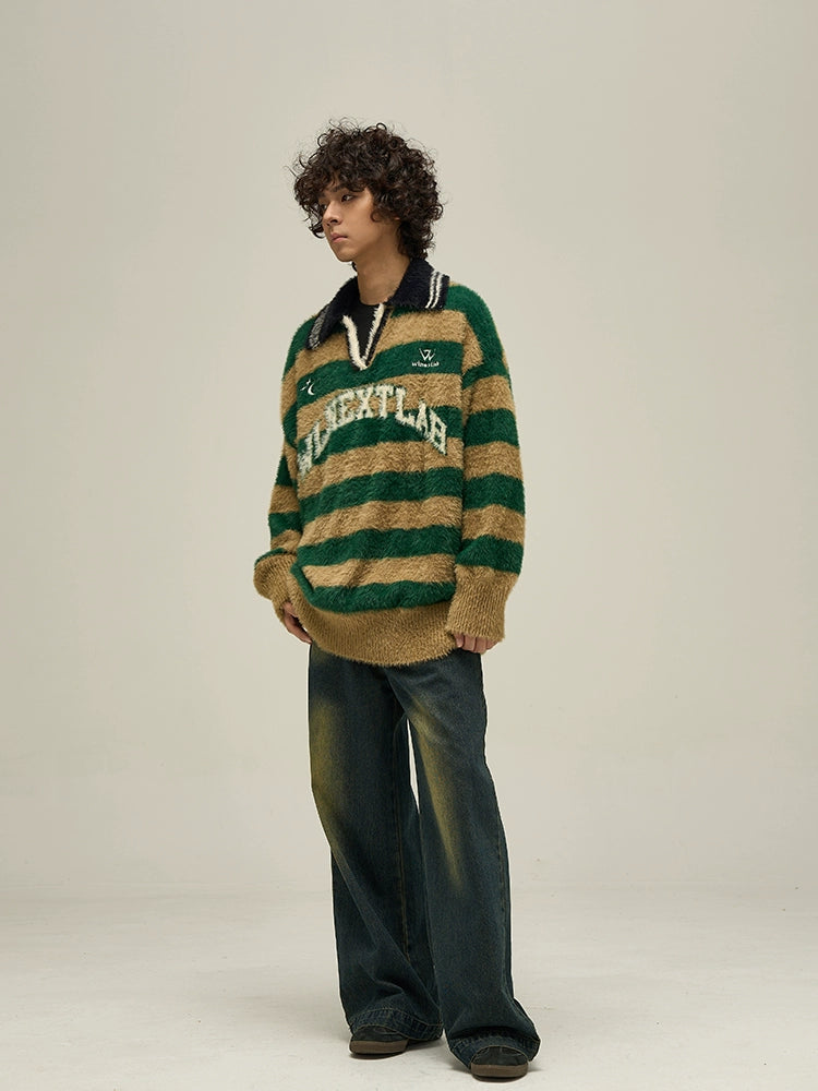 Fuzzy Striped Rugby Collar Sweater