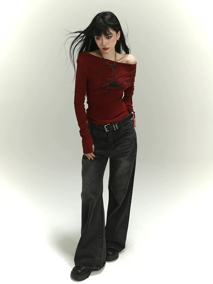 Dark Allure Off-Shoulder Graphic Top