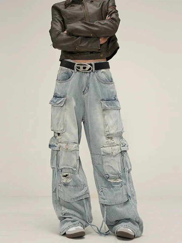 Edgy Wide-Leg Distressed Cargo Jeans - chiclara