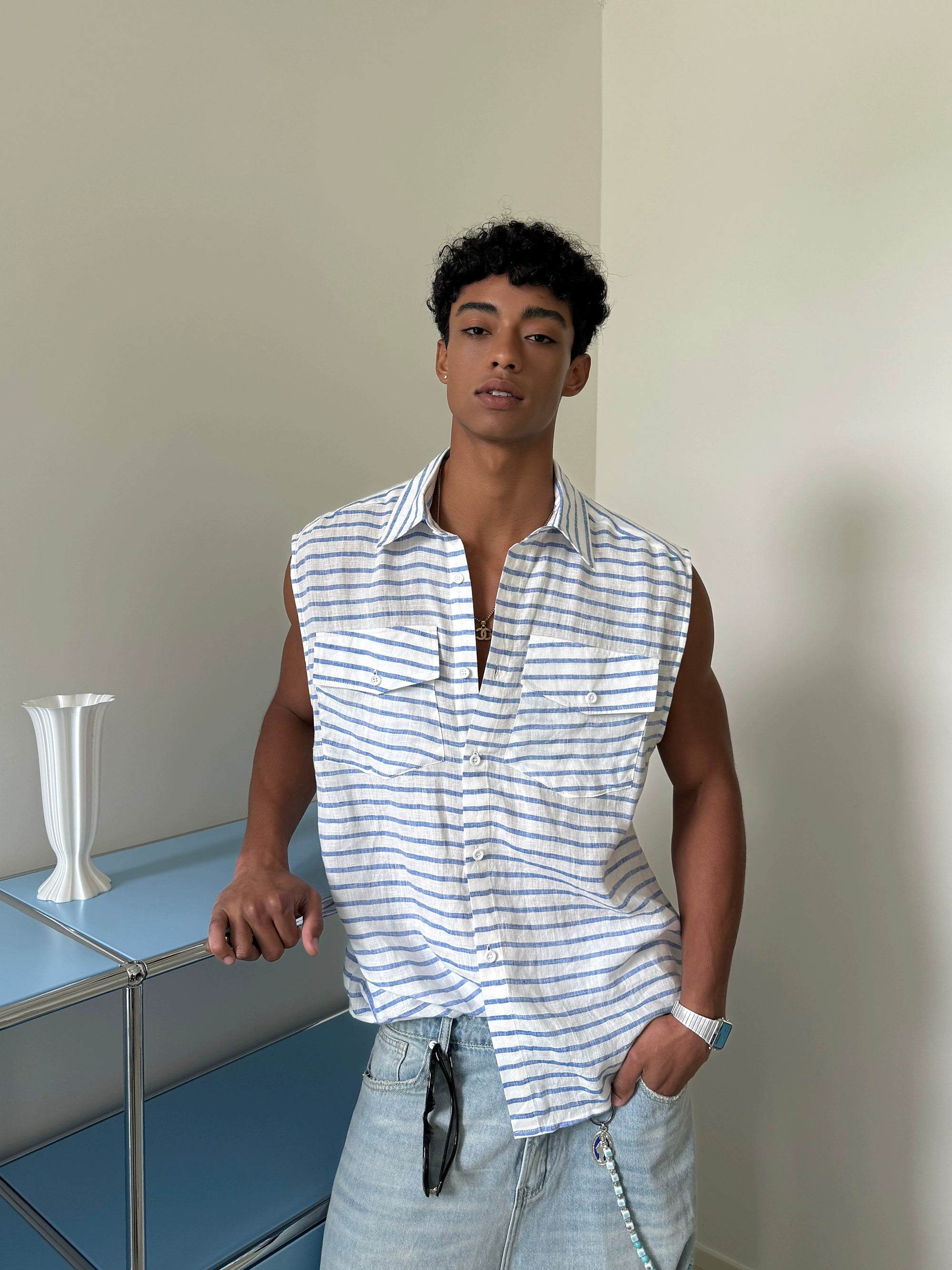 Sleeveless Blue Stripe Shirt