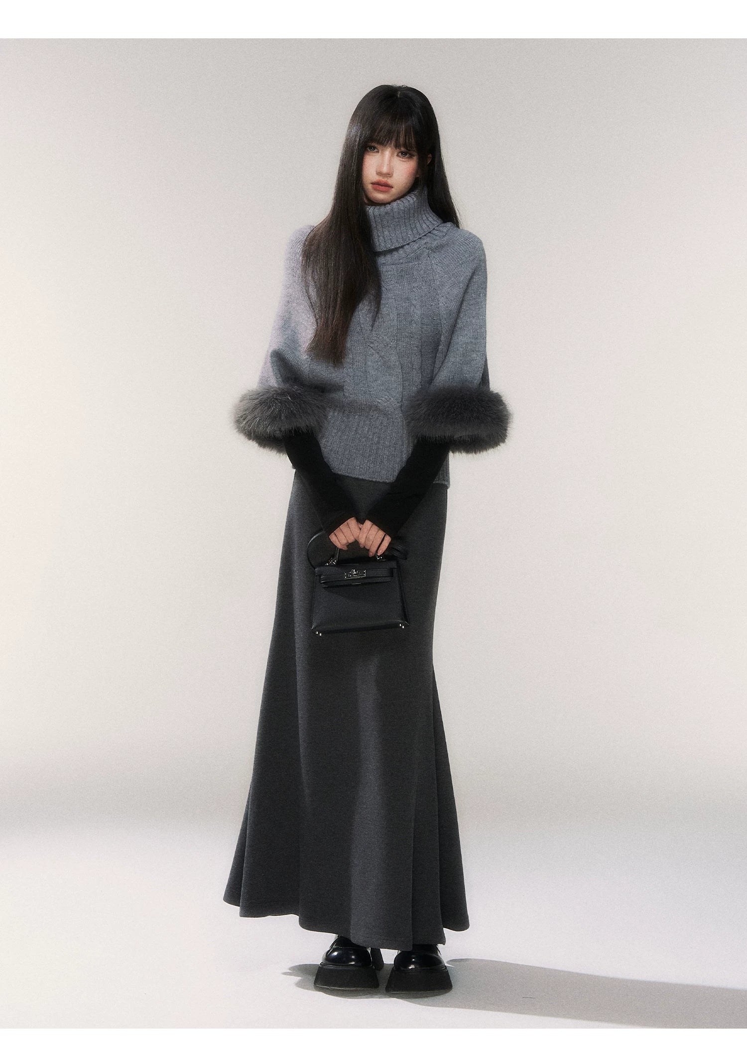 Frosted Whisper Fur-Cuff Turtleneck Sweater
