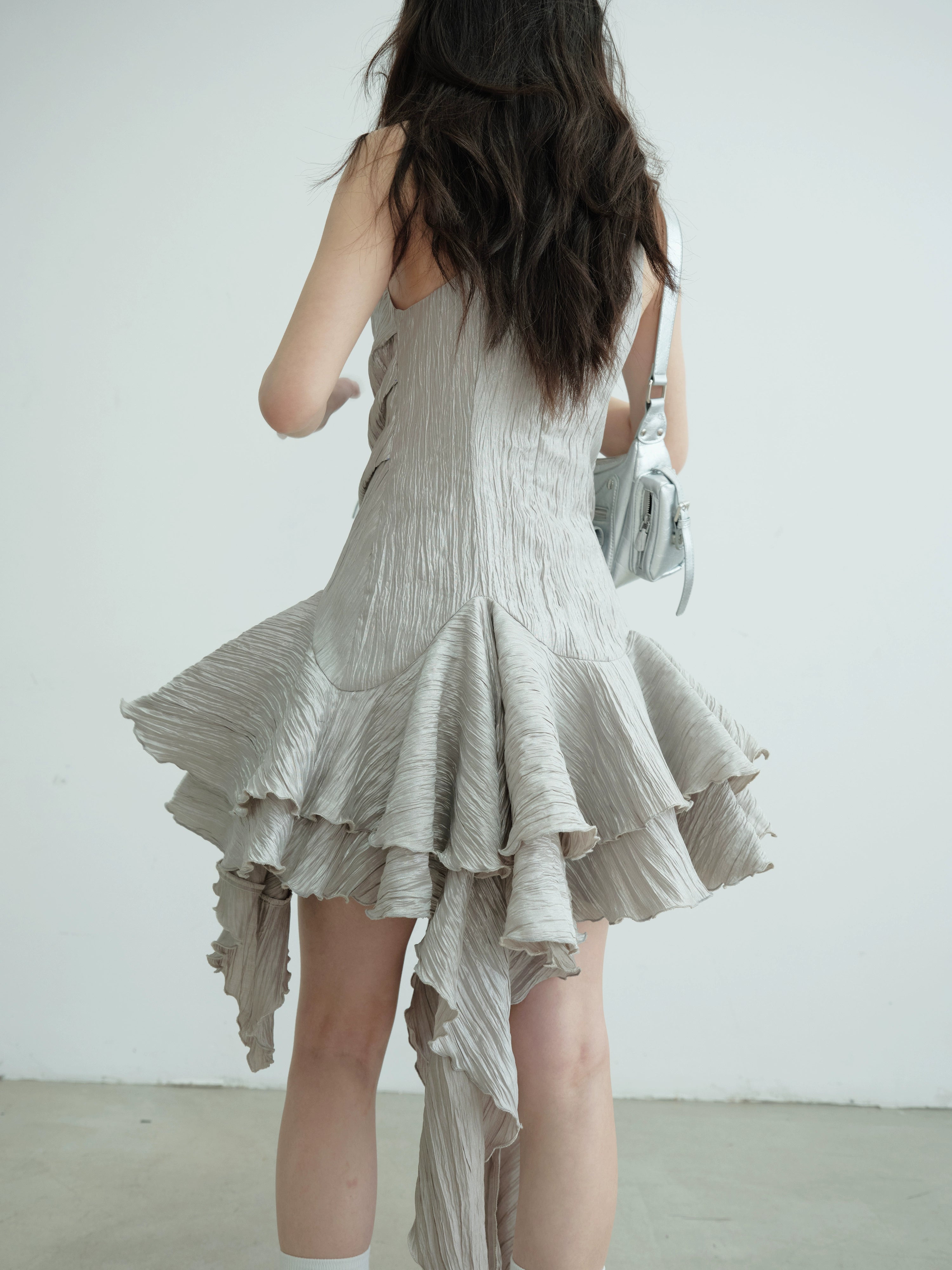 Asymmetric Ruffle Hem Metallic Party Dress