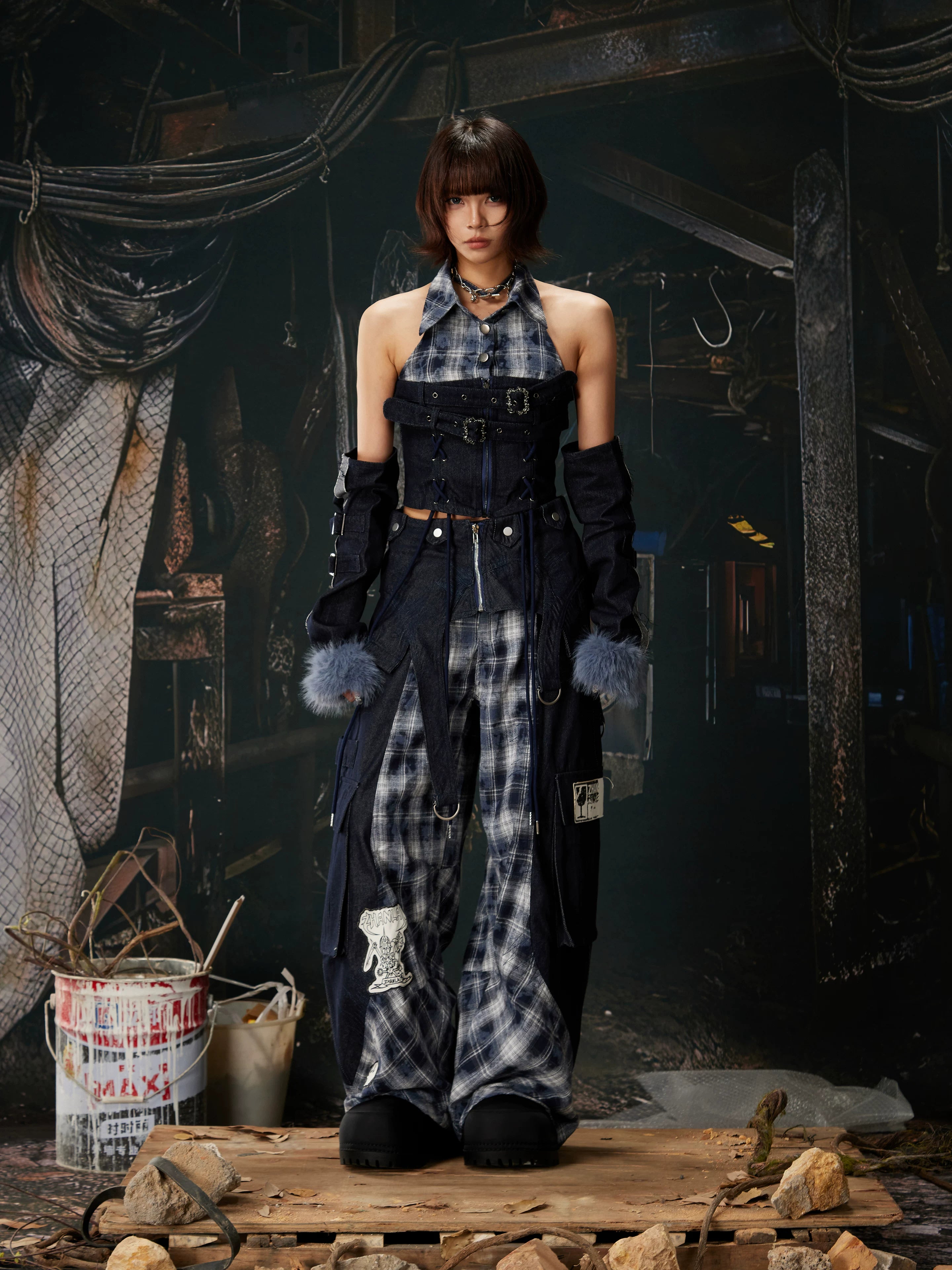 Riot Plaid Layered Trench Cargo Pants