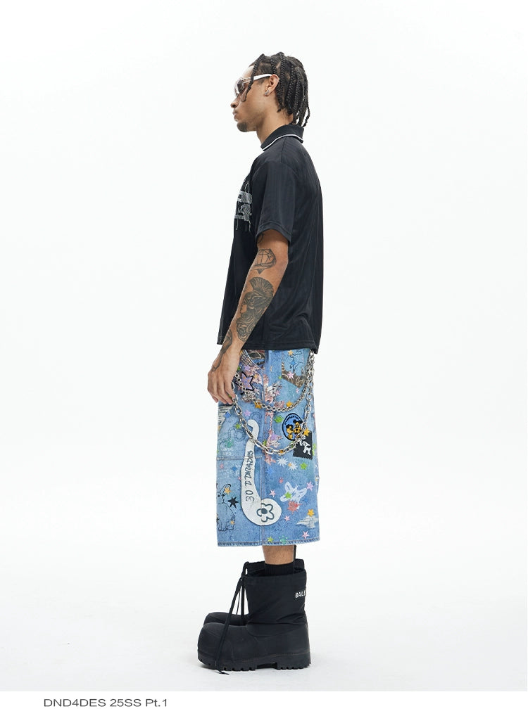 Graffiti Patchwork Denim Bermuda Shorts