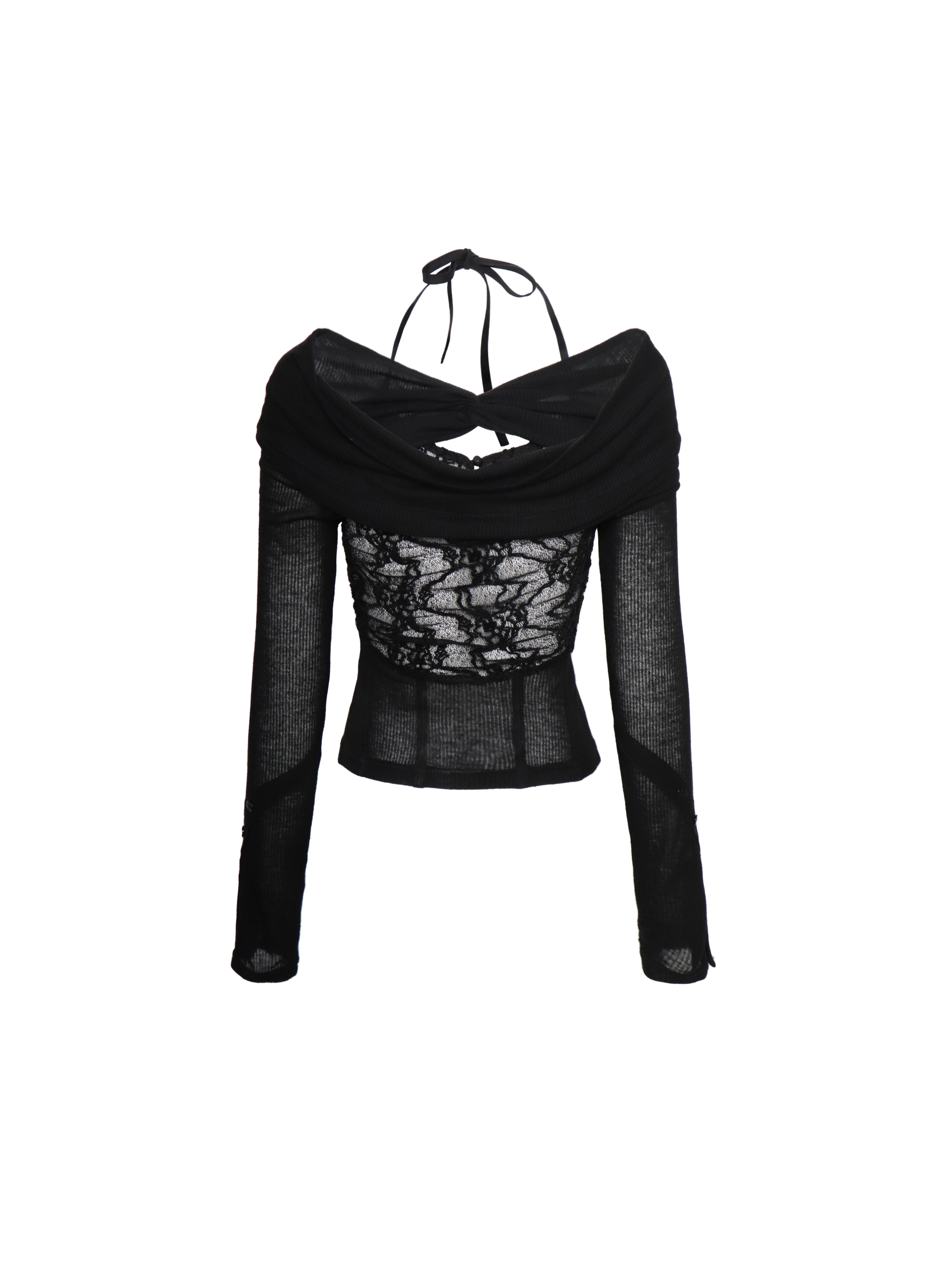 Noir Siren Off‑Shoulder Lace Cardigan