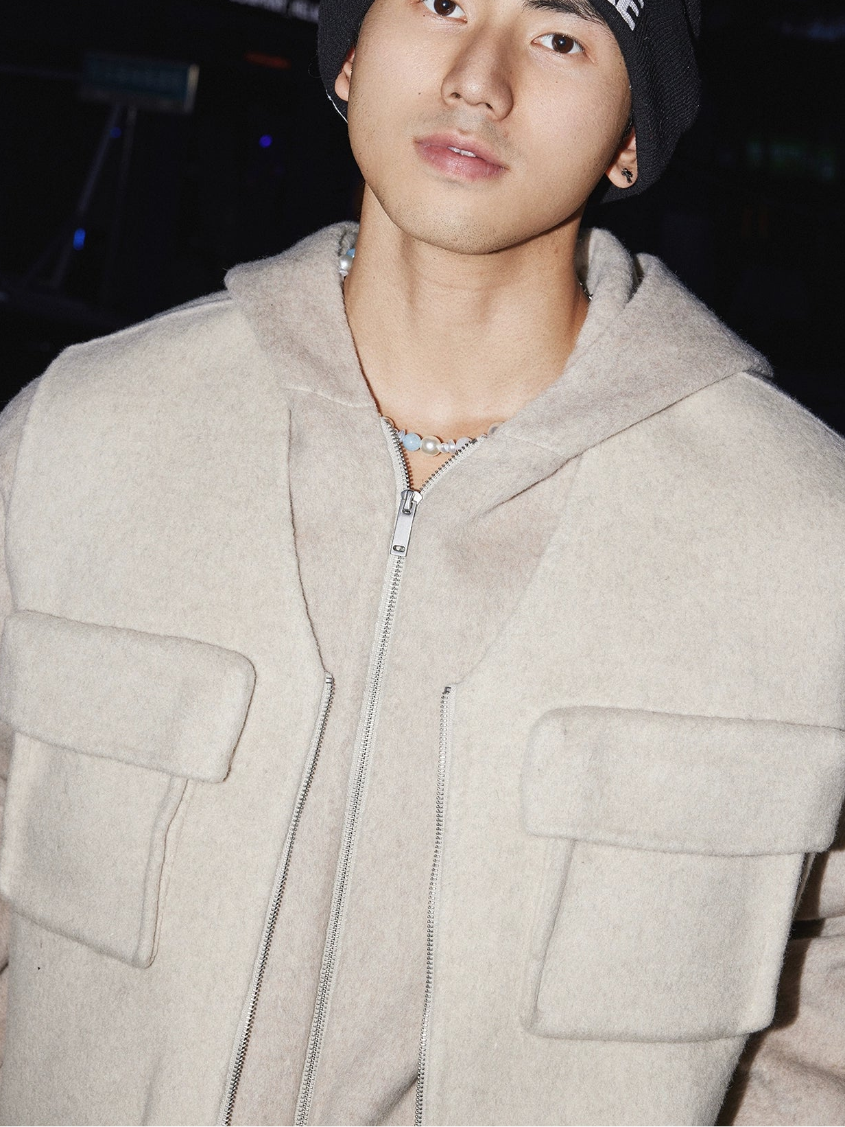 Beige Wool Utility Pocket Zip Jacket