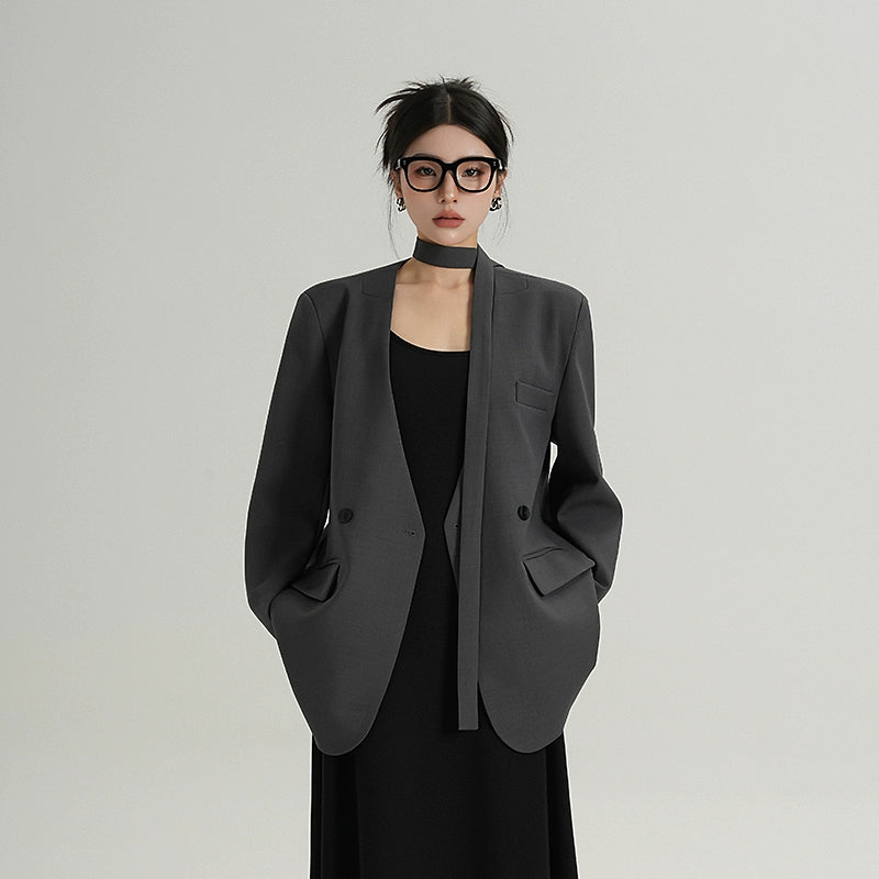 Slate Runway Scarf-Collar Blazer