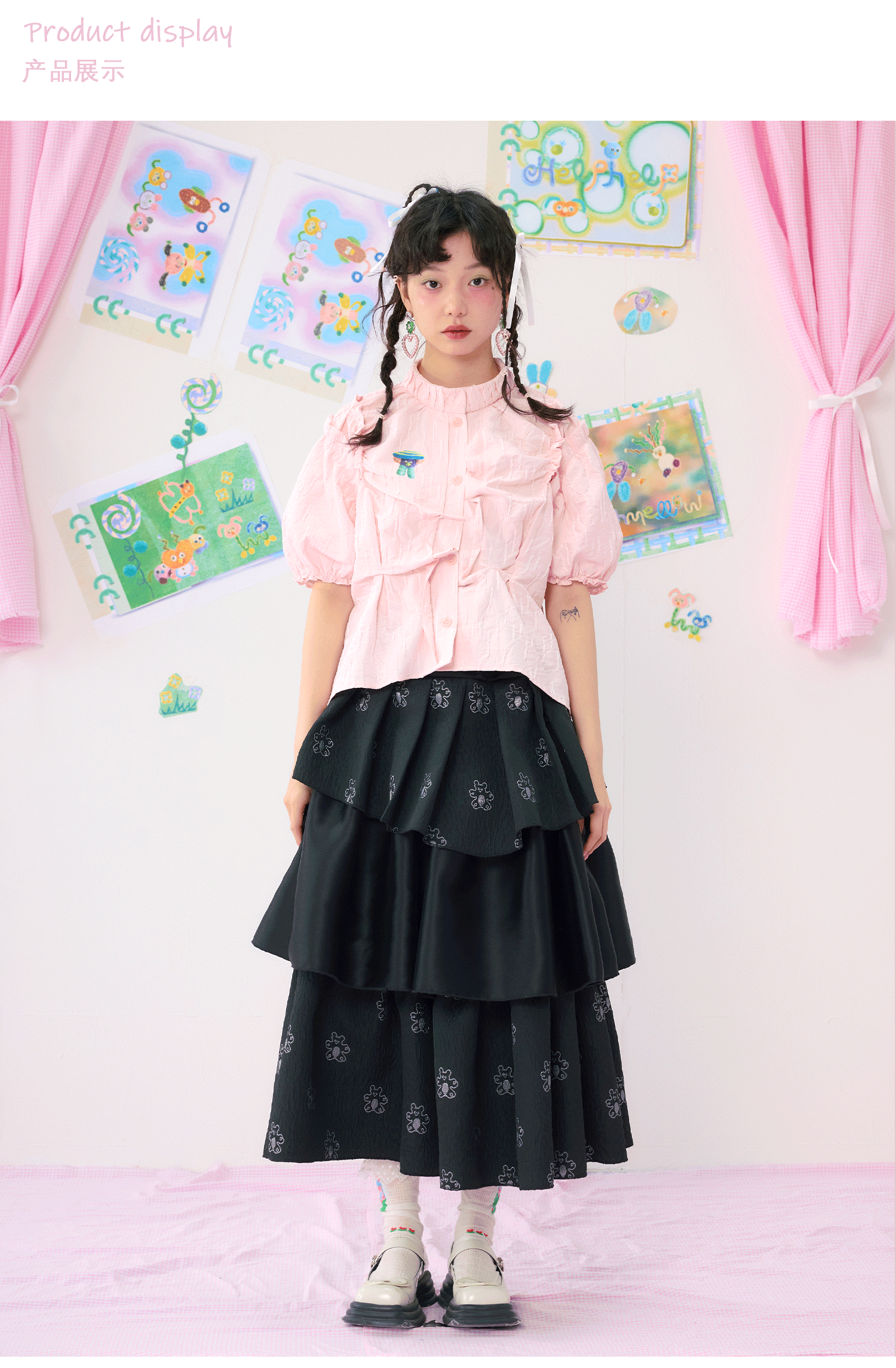 Pink Ruffle Collar Blouse with Bow Detail