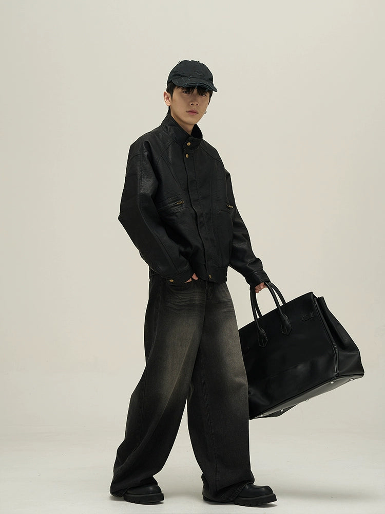 Stand Collar Vintage Faux Leather Jacket