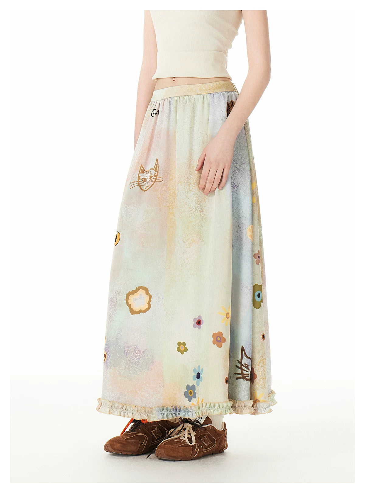 Pastel Meadow Kitty Garden Maxi Skirt