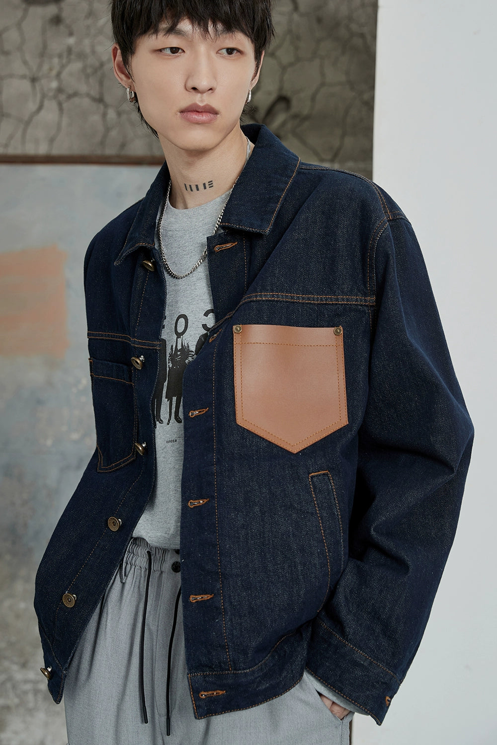 Color-Block Natural Denim Contrast Jacket