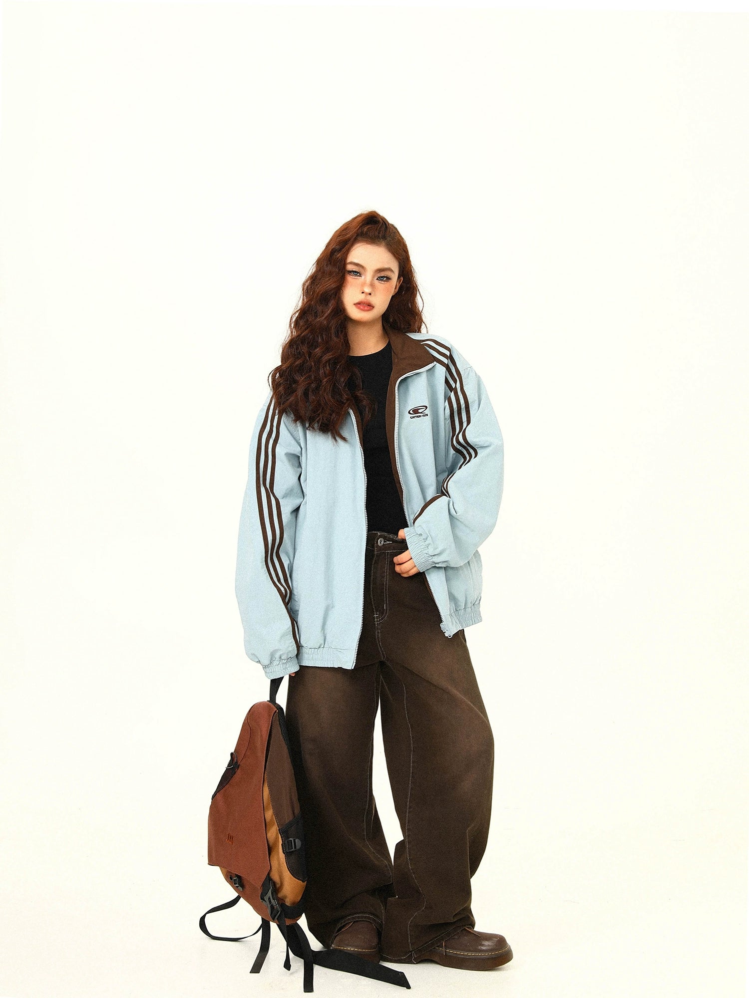 Contrast Collar Brown Bomber Jacket