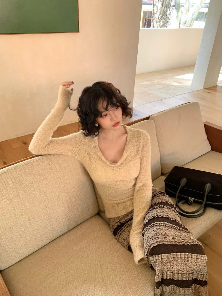 Beige and Black Striped Textured Maxi Skirt