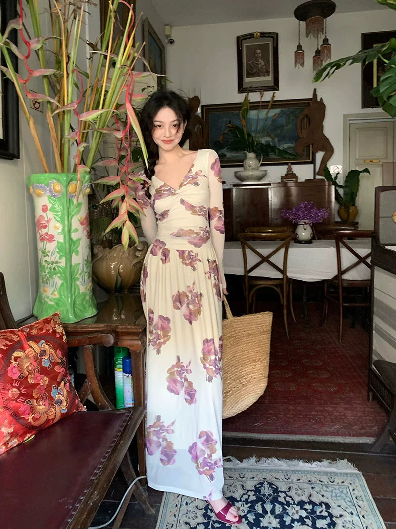 Mesh Floral Maxi Dress with Sheer Sleeves