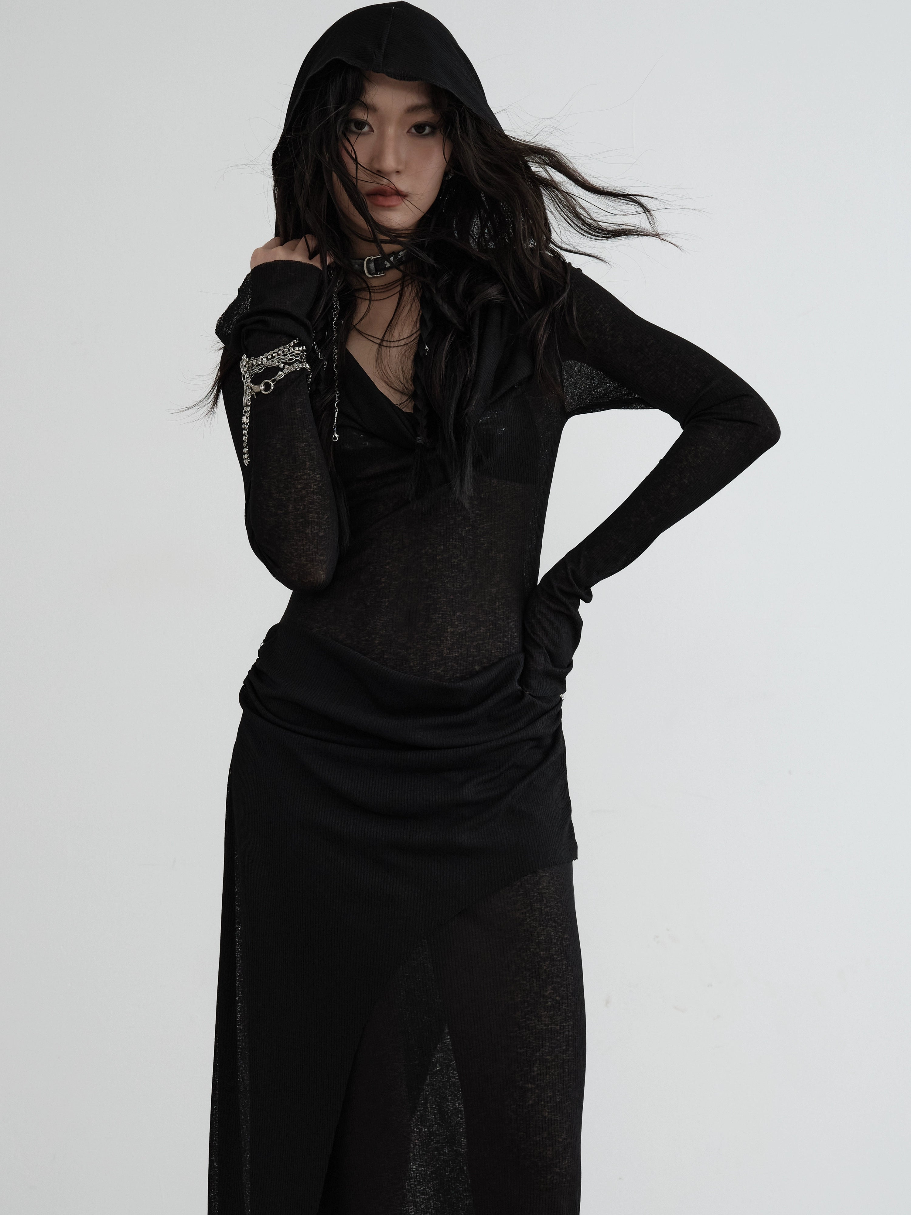 Sheer Black Hooded Maxi Dress