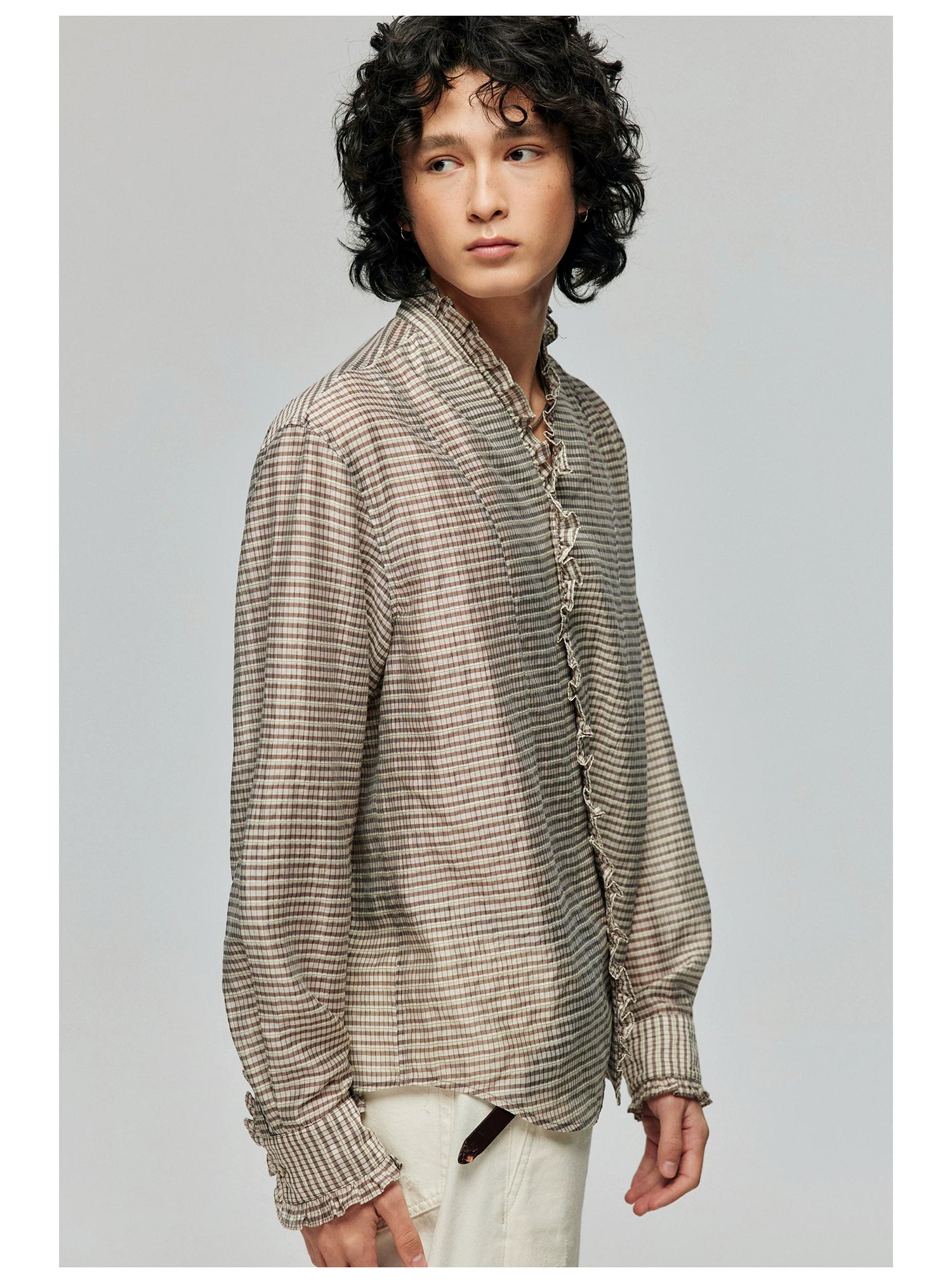Ruffle-Trim Checked Button-Up Shirt