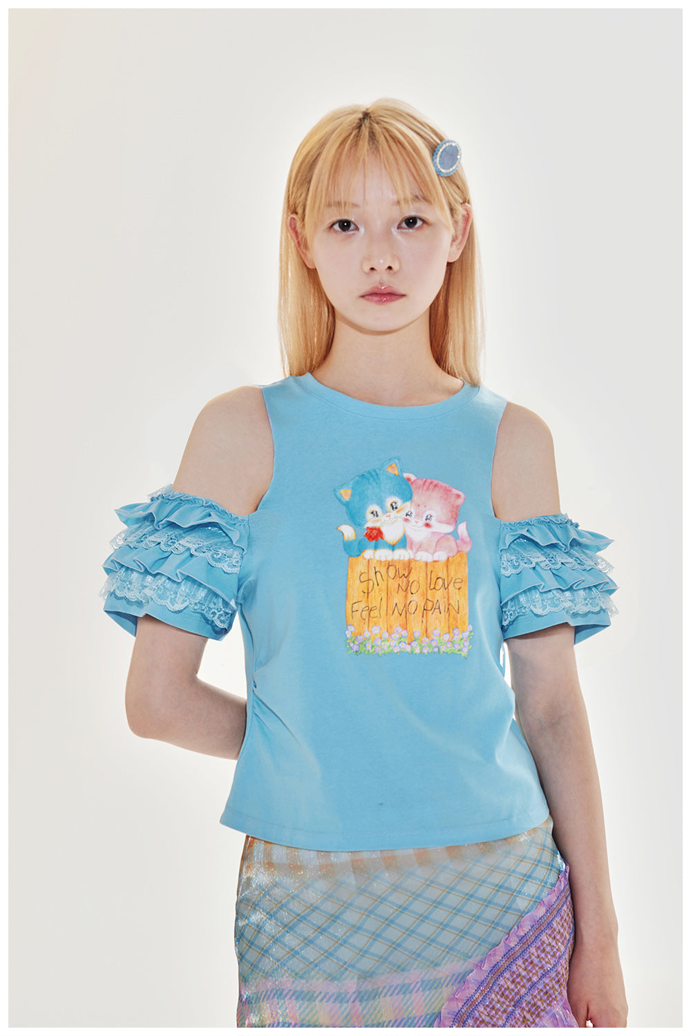 Kitty Print Ruffle Cold Shoulder and T-Shirt