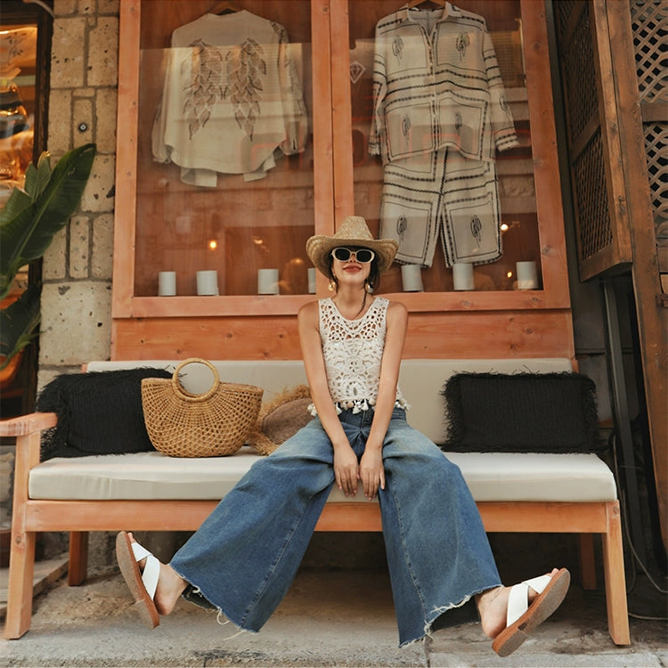 Vintage Distressed Edge Wide Leg Denim Jeans