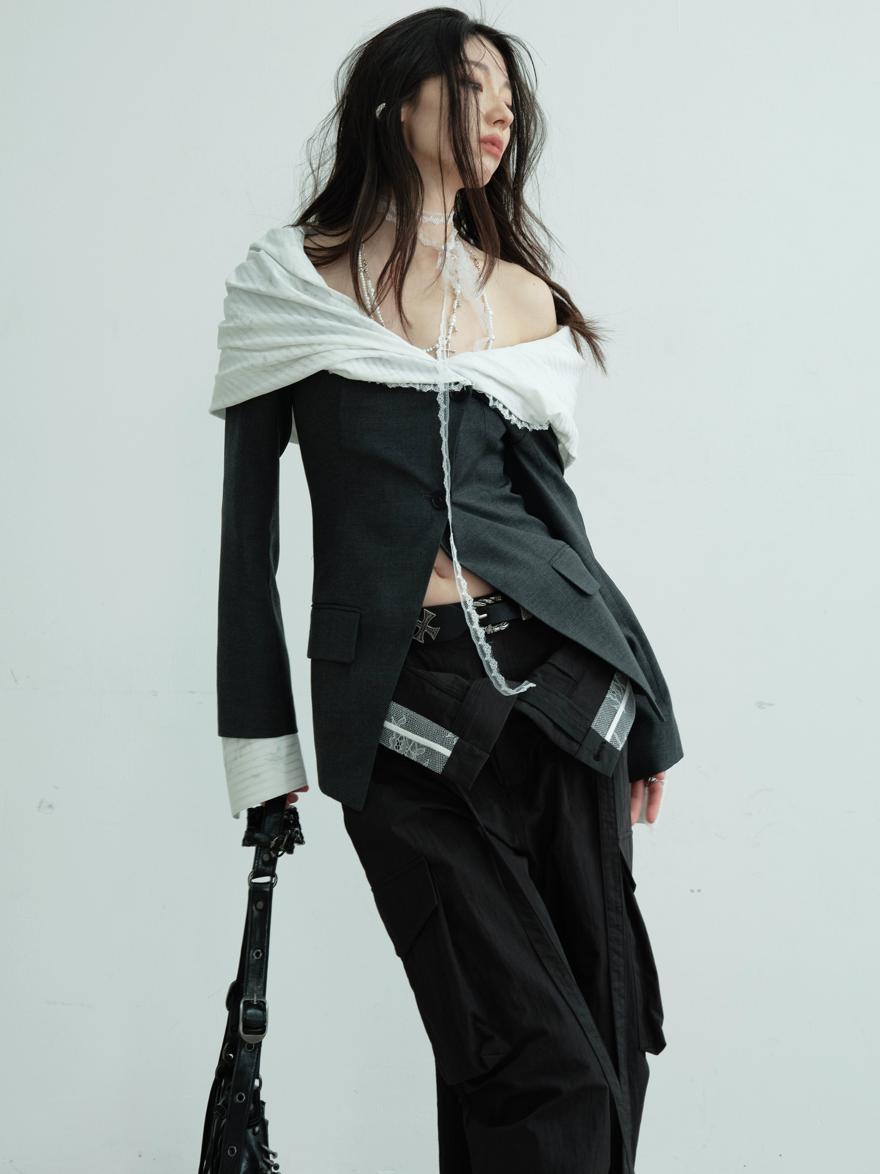 Deconstructed Asymmetric Collar Wool Blazer Jacket