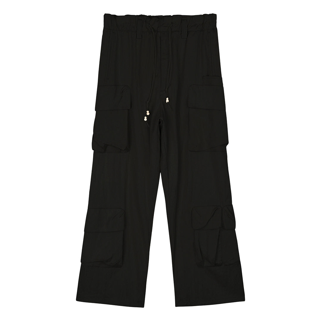 Wide-Leg Cargo Pants with Wood Bead Detail