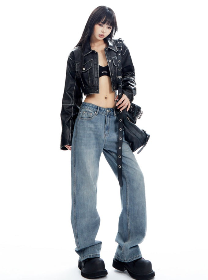 Jeans de mezclilla de pierna ancha de la luz
