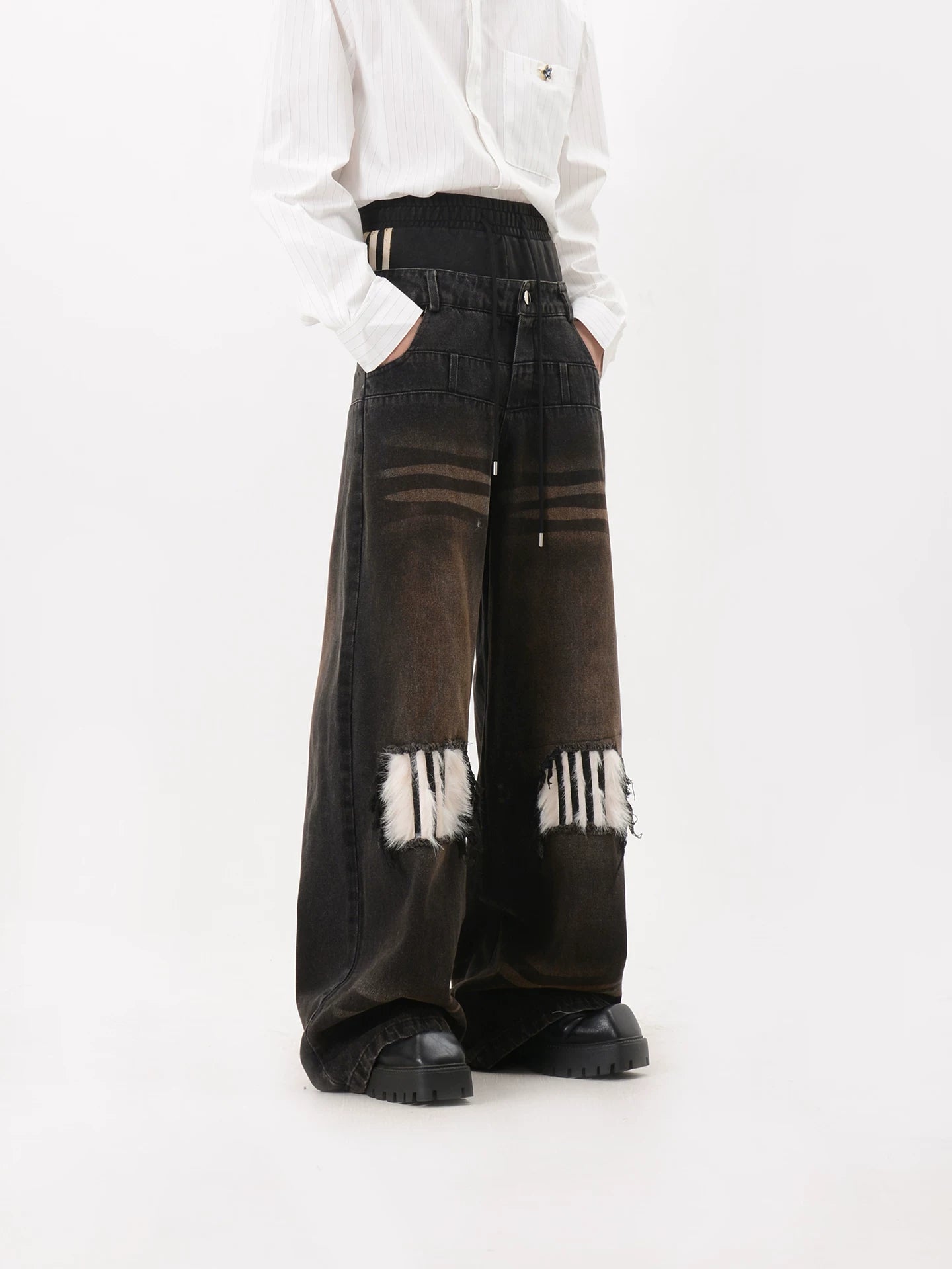 Faux Fur Patch Wide Leg Jeans