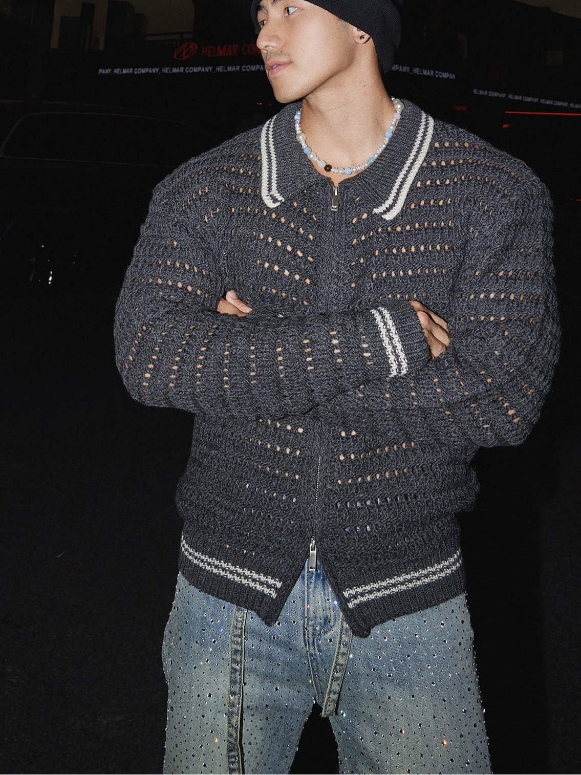 Open-Knit Zip-Up Cardigan with Striped Trim