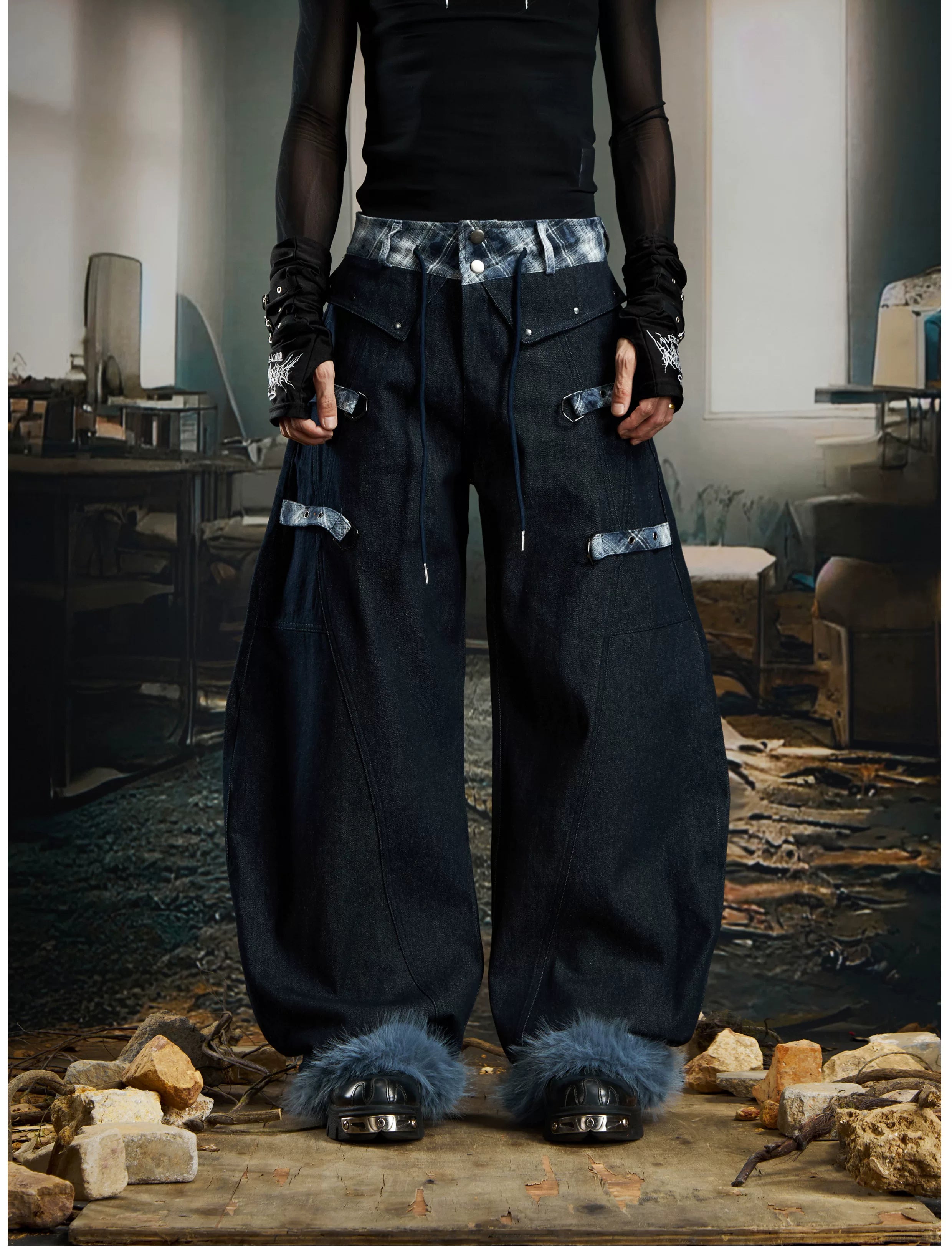 Cuff Flannel‑Trim Furry Hem Pants