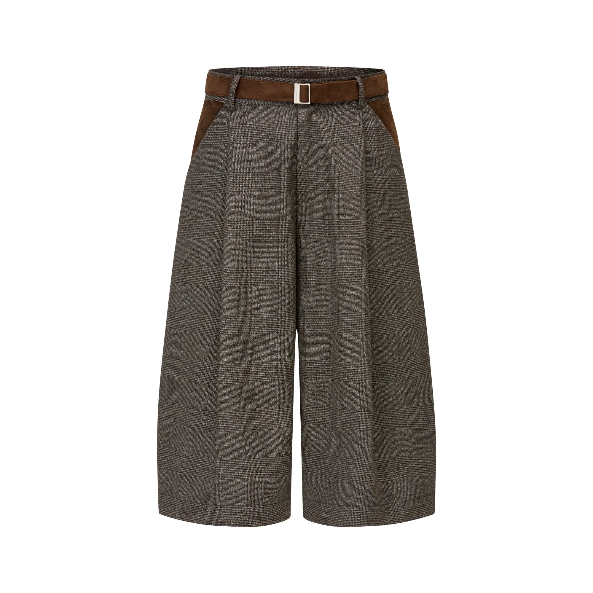 Pleated Cropped Wide-Leg Pants with Belt Detail - Houndstooth