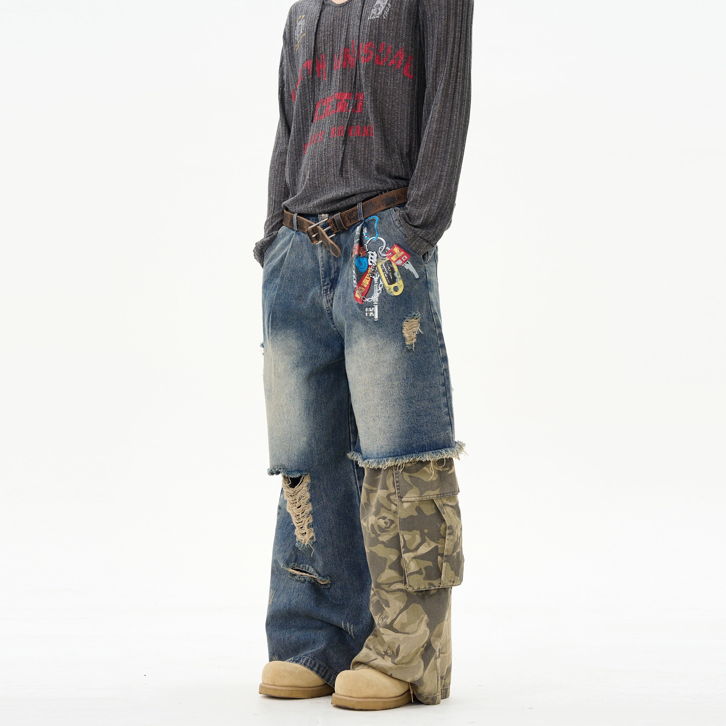 Distressed Patchwork Wide-Leg Denim Jeans