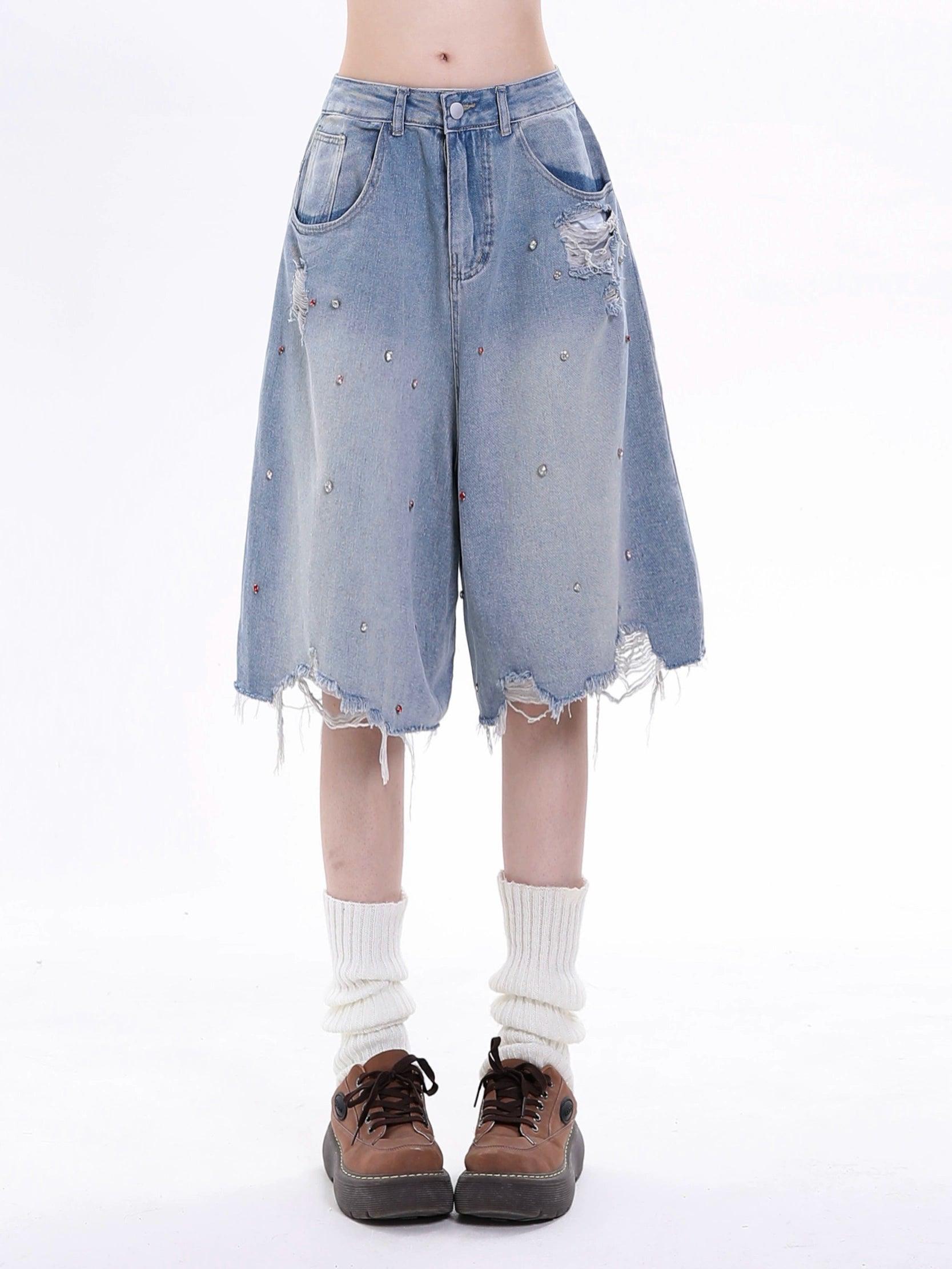 Rayohopp Distressed Denim Bermuda Shorts Faded Gray Wash With Rhinestone Embellishments And Raw Hem