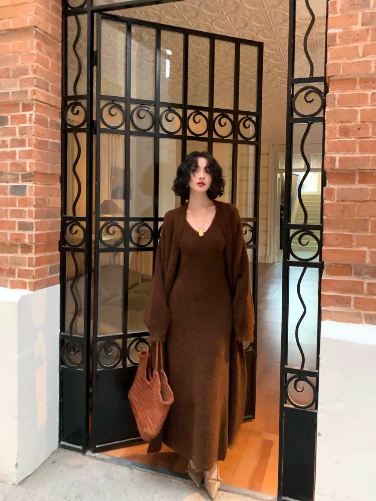 V-Neck Knit Maxi Dress and Long Cardigan Setup