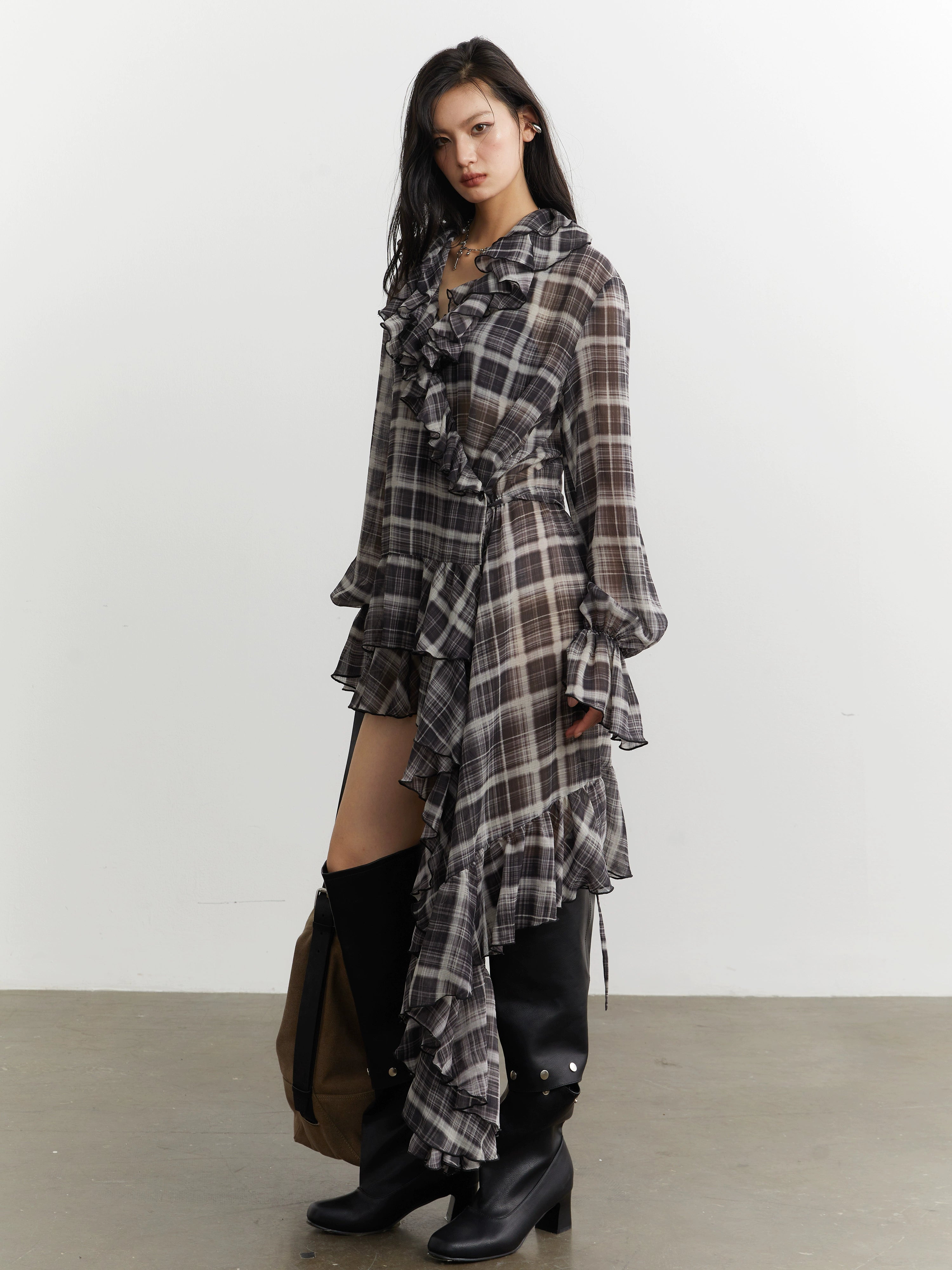 Shadow Cascade Ruffle Plaid Dress