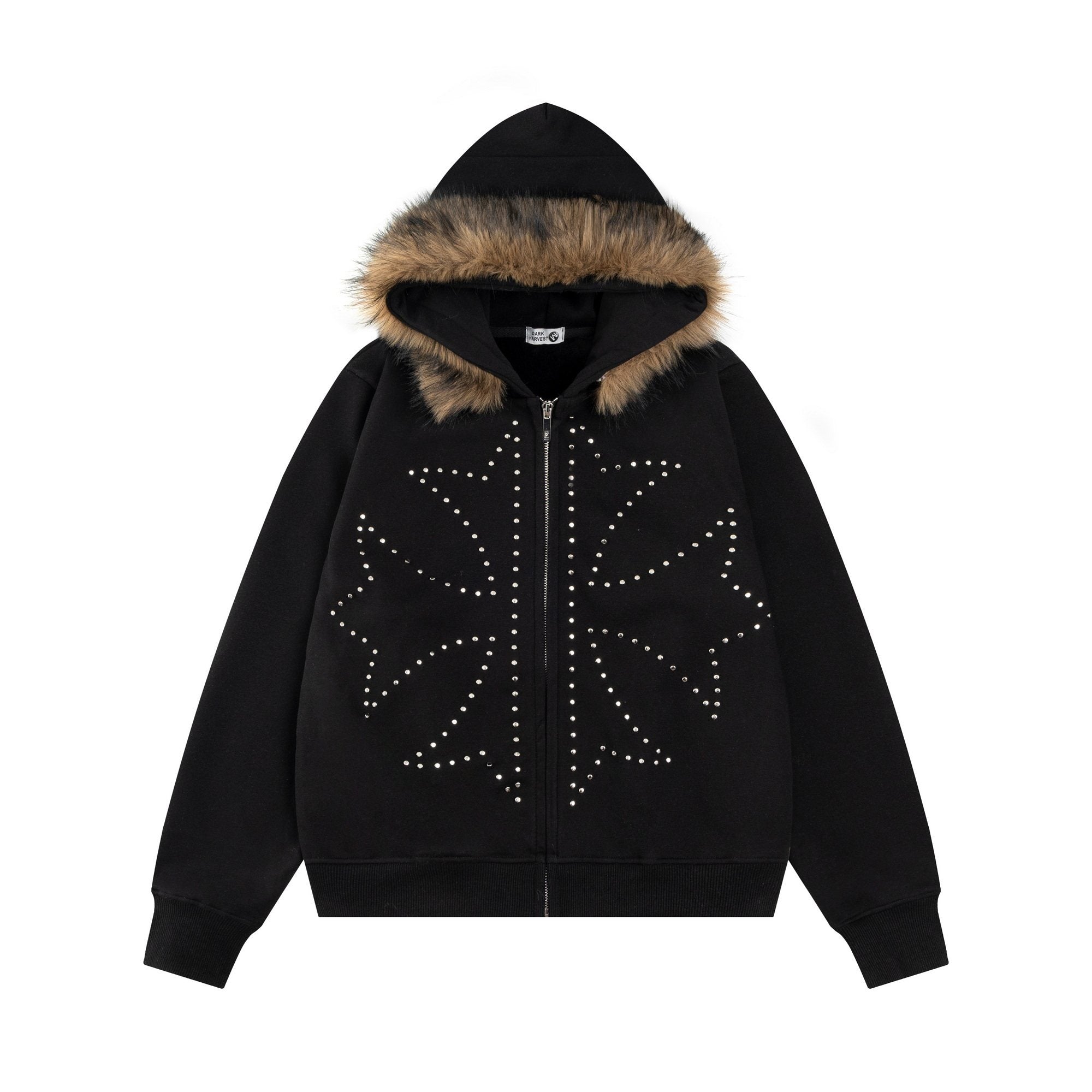 Men's Faux-Fur Collar Studded Zip-Up Hoodie