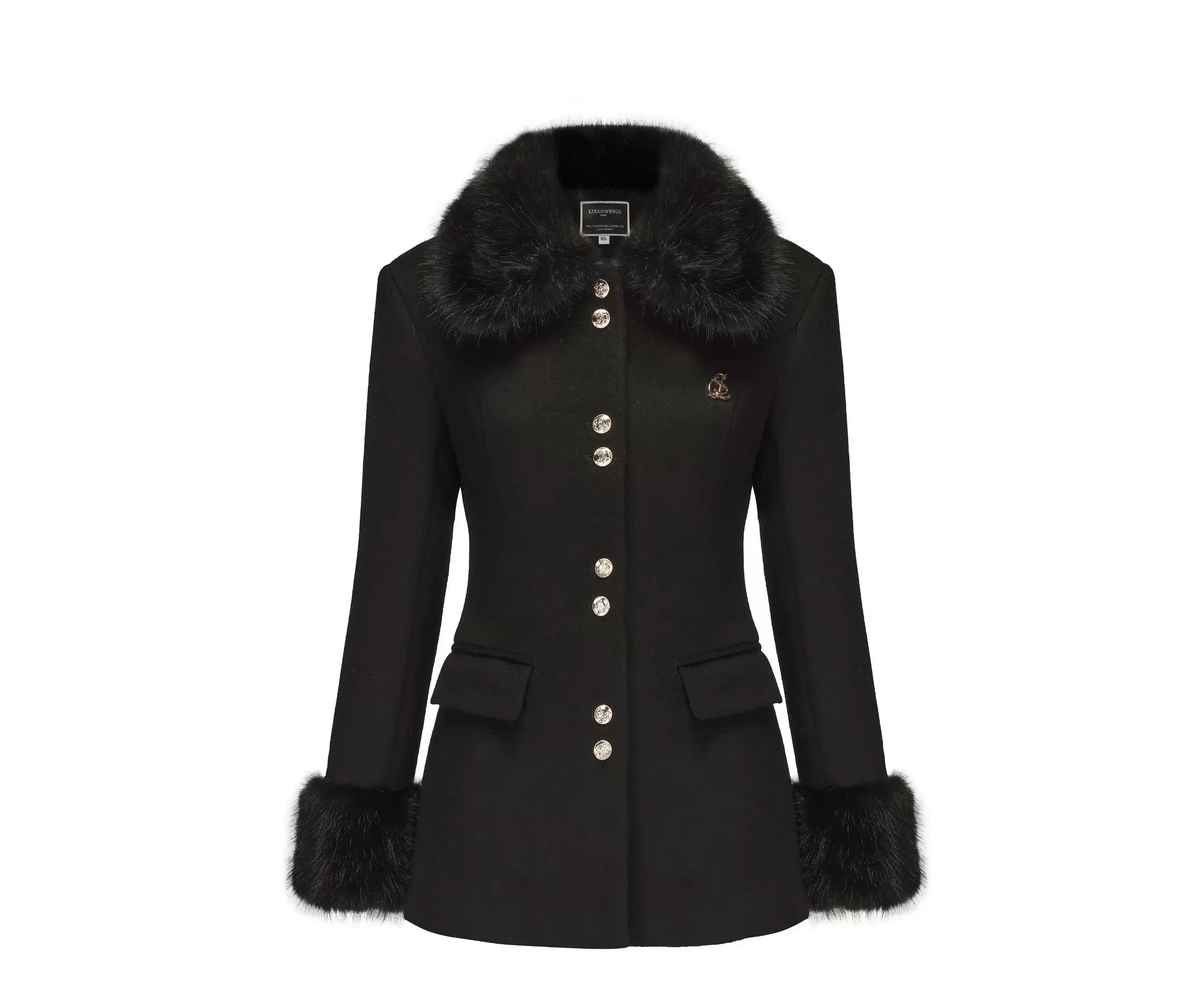 Midnight Heiress Faux Fur Trim Coat