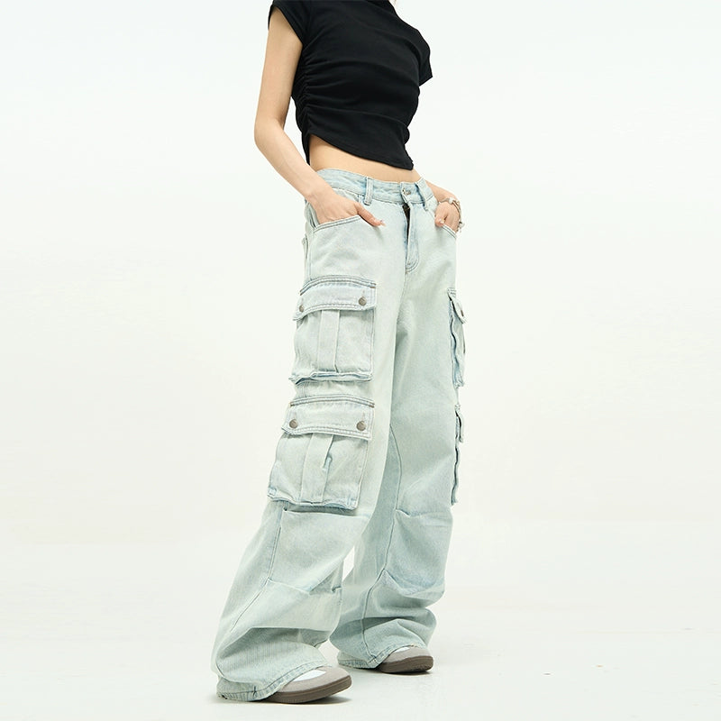 Light Wash Baggy Cargo Jeans with Multiple Flap Pockets