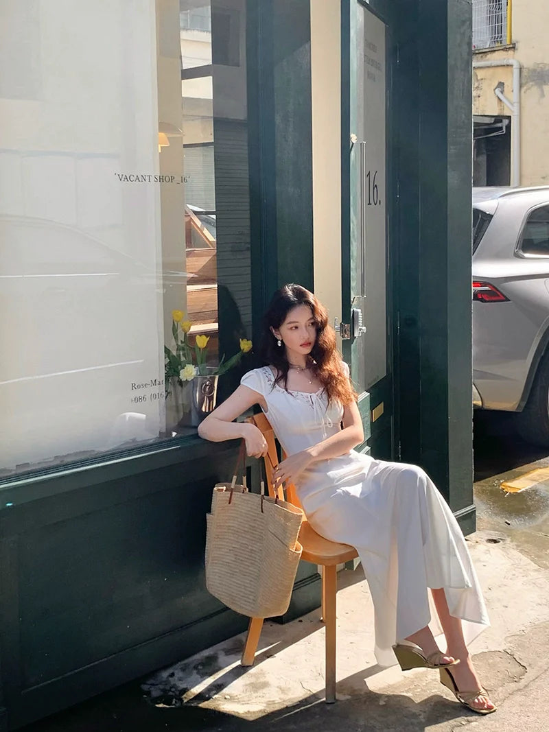 Short Sleeve White Maxi Dress