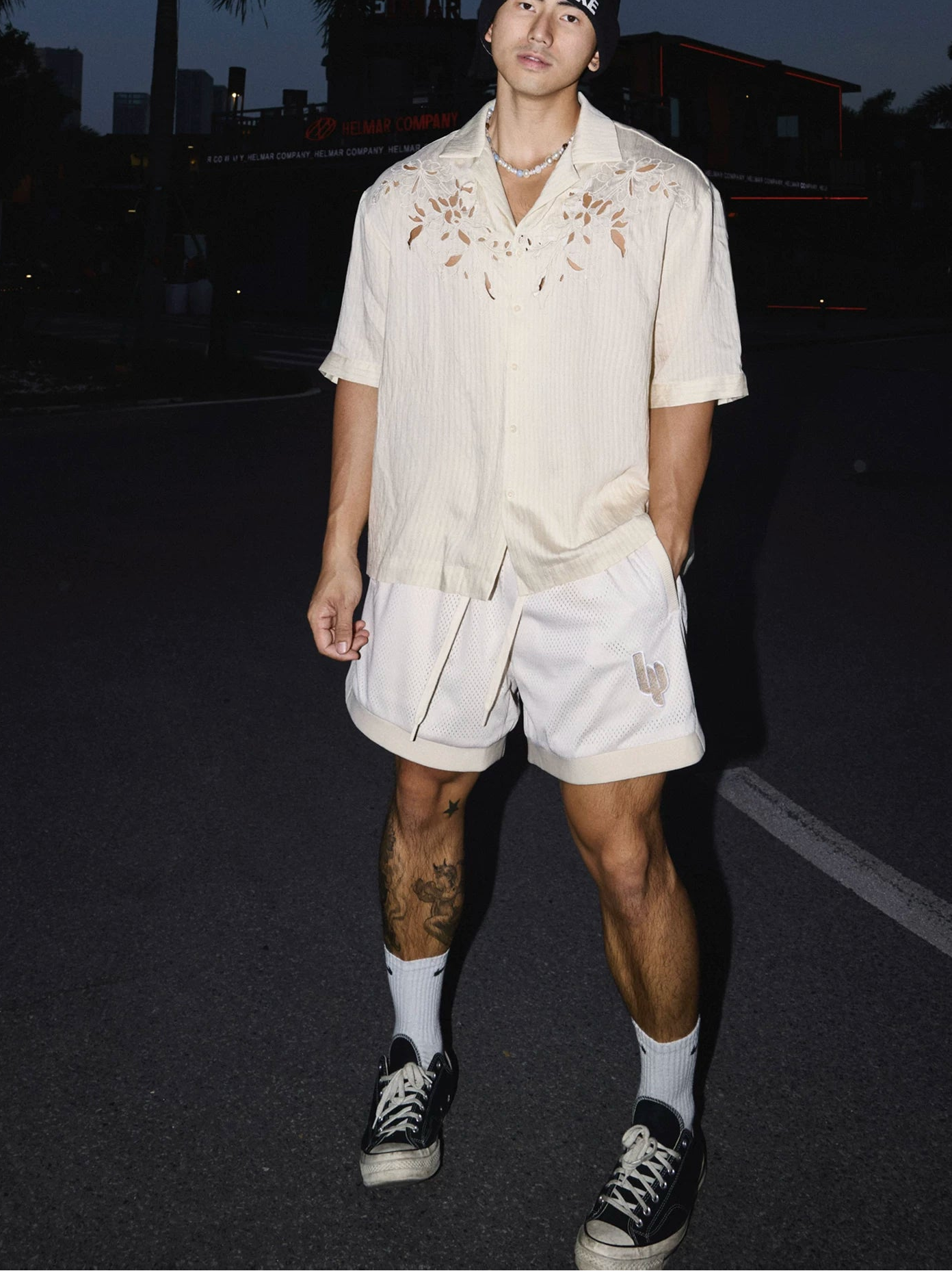 Oatmeal Cutwork Floral Cuban Shirt