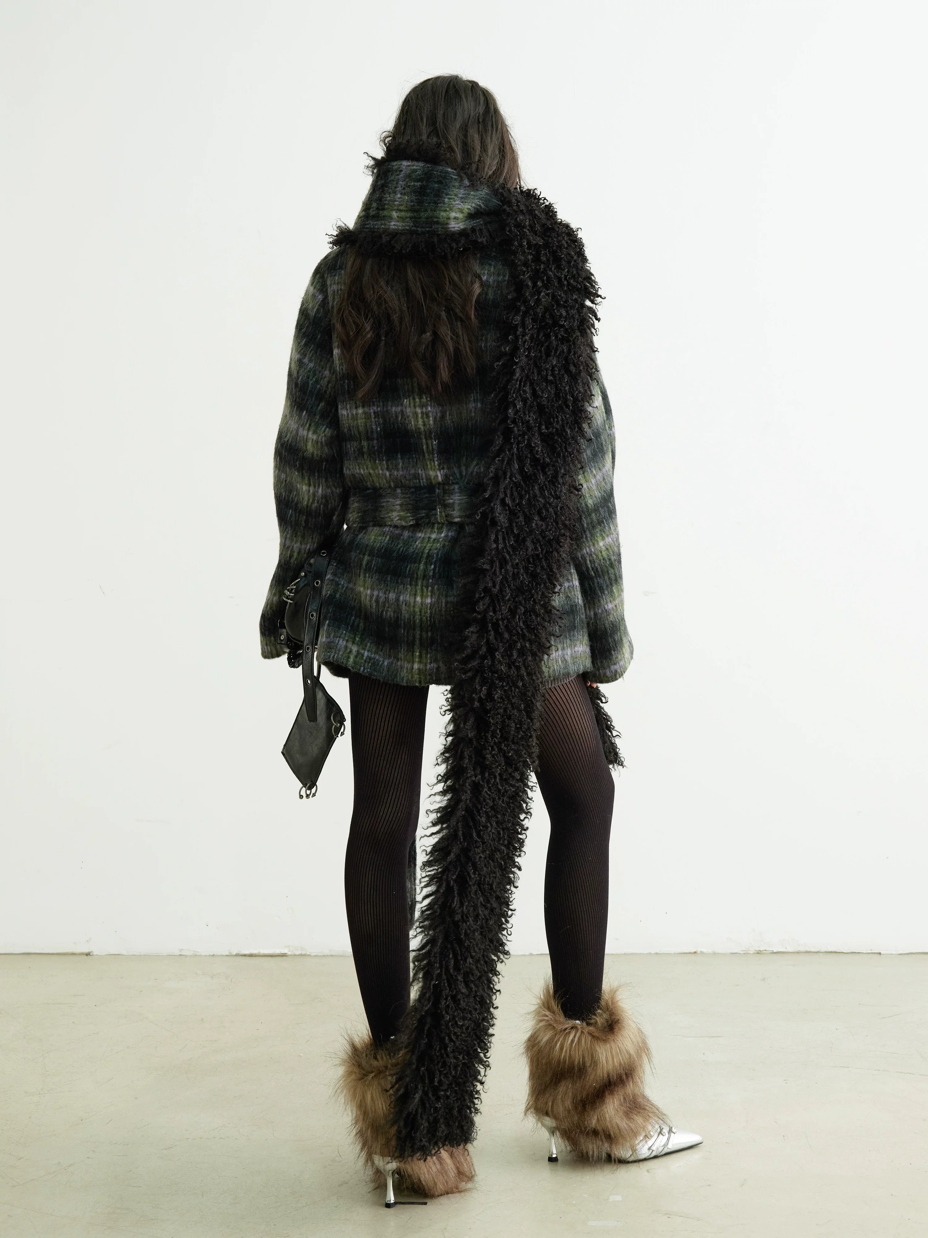 Shadow Plaid Fringe Wrap Coat