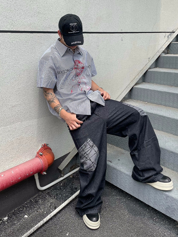 Abstract Patchwork Pocket Wide-Leg Jeans