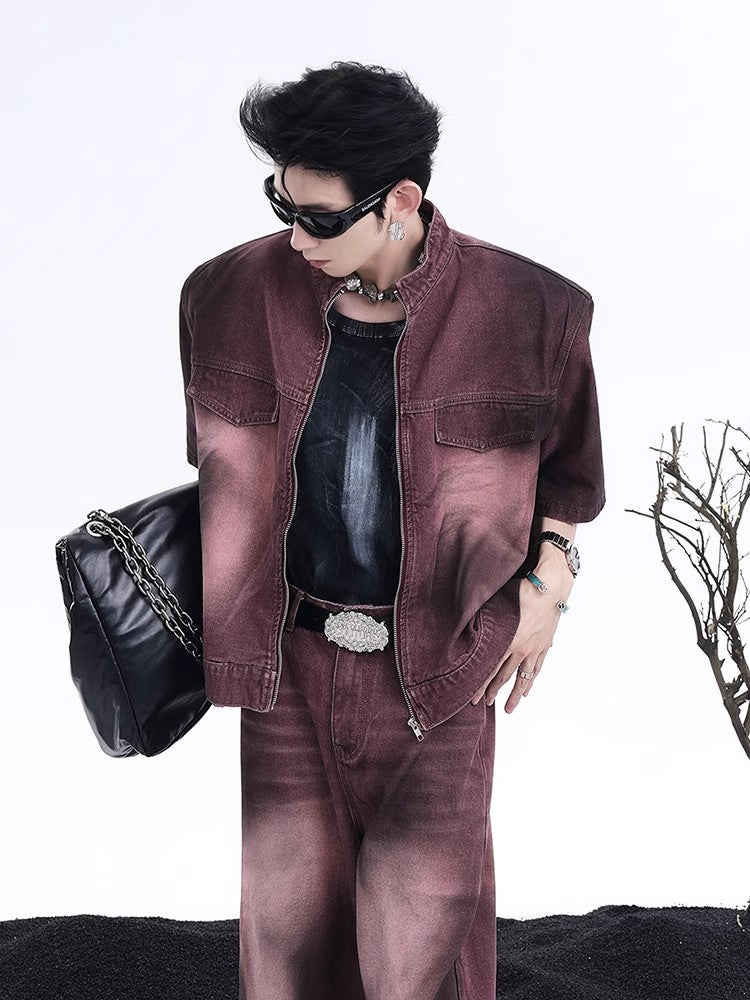 Burgundy Denim Matching Set with Short Sleeve Jacket