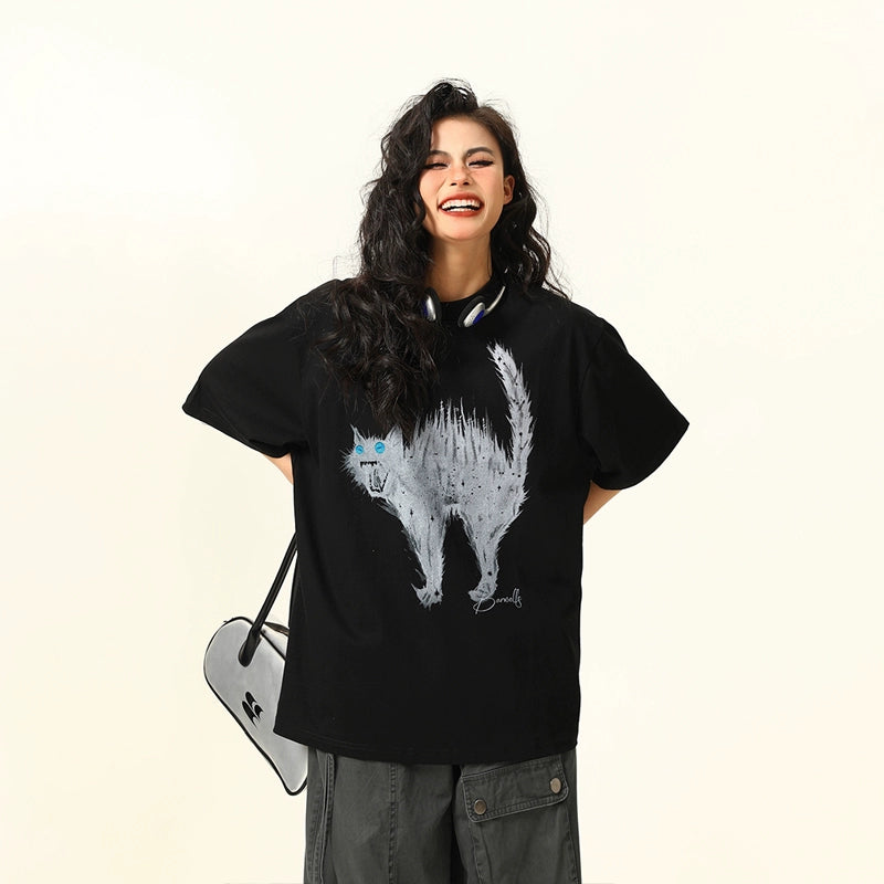 Oversized Tee with Cat Graphic