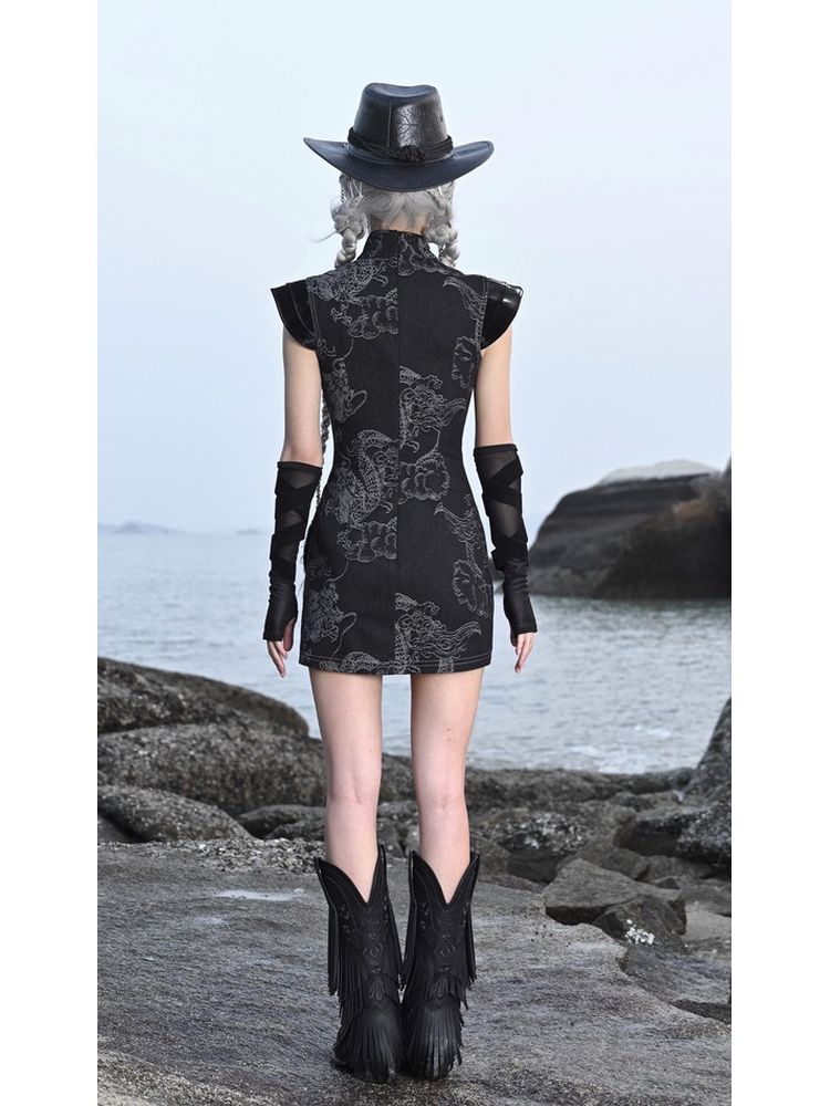 블랙 치파오 스타일 미니 드레스