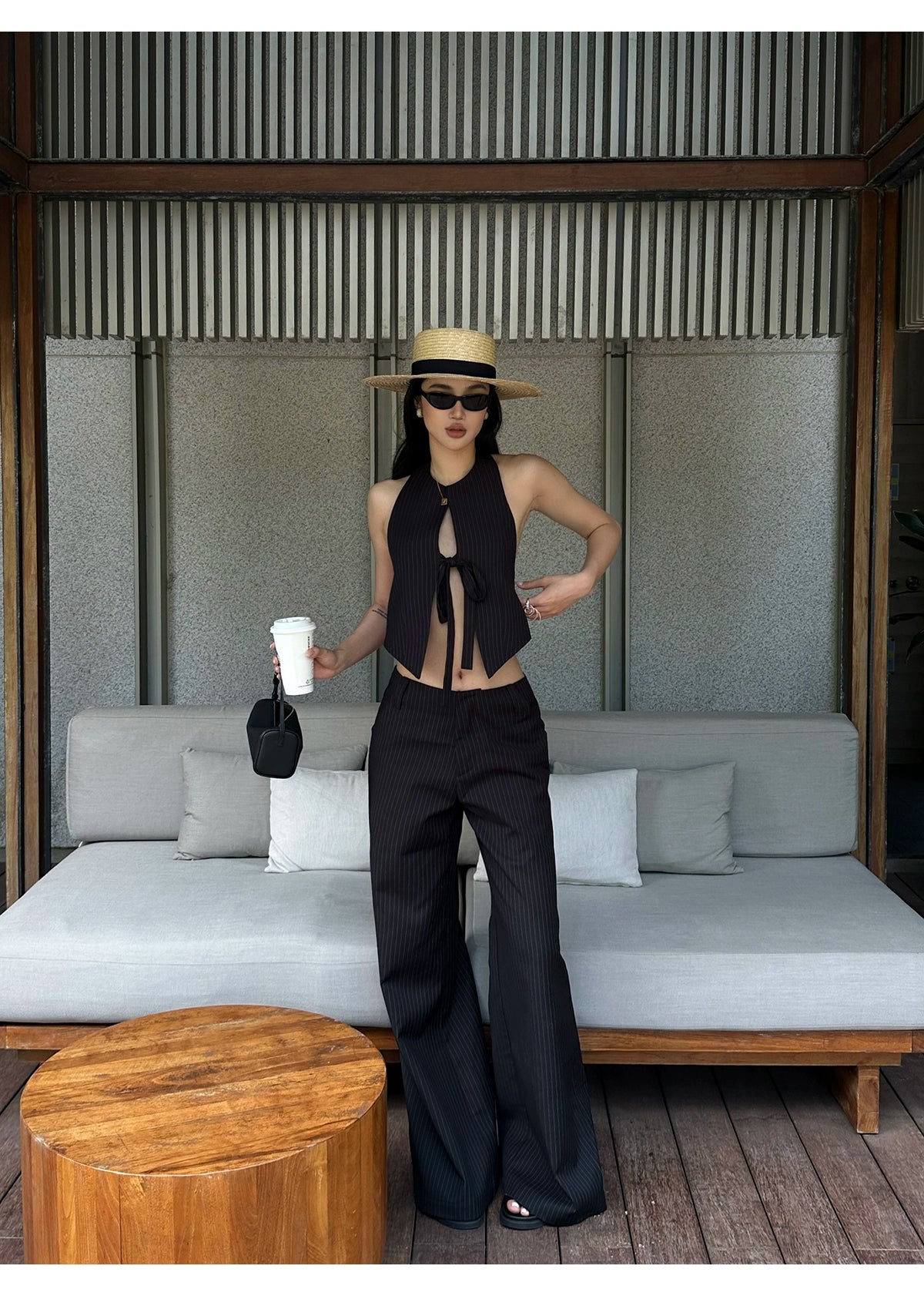 Black Pinstripe Wide Leg Pants